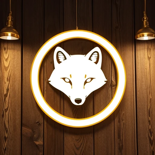 Tribal Company logo of arctic fox, round version of white tribal arctic fox, logo hangs on wooden wall. Warm yellow neon illuminated wall behind the logo, beautiful shaded logo