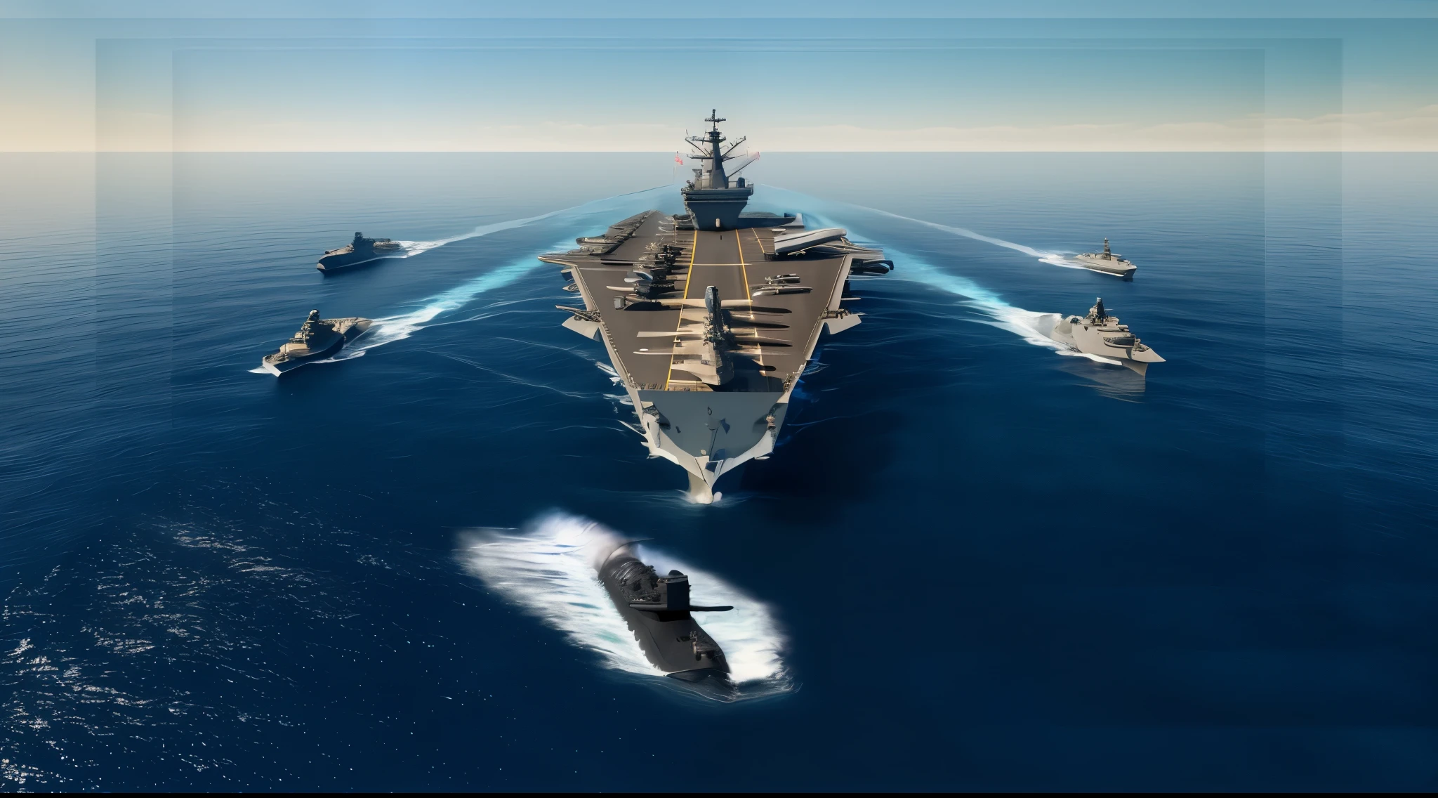 View of a naval ship and a submarine in Araf in the middle of the ocean, Realistic military aircraft carrier, Realistic warship design, scene, , warship, rendering, CG art, cgi rendering, rendering of checkmate, navy background, Fleet on the horizon, naval battle, ship, Wayne England, author:Bob Linwood