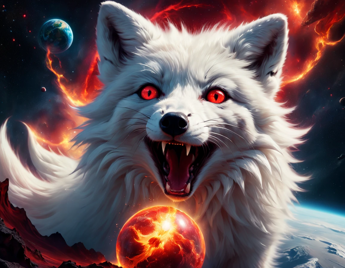 High Resolution, High Quality. Hyperrealistic digital painting of a colossal, radiant largest sparkling diabolical cosmic magnificent white arctic fox in the vacuum of space about to engulf the flaming Globe Planet Earth, its eyes ablaze with a fiery red glare reflecting madness and distress, Anxiety. Madness. A terrible open mouthi, with a surreal and pop art twist, engulfing the viewer in a scene of hyperdetailed anxiety and grandeur, octane rendering, cinematic. hyperrealism, hyper-detailed, digital painting, ultra fine, 8k resolution, breathtaking surreal masterpiece