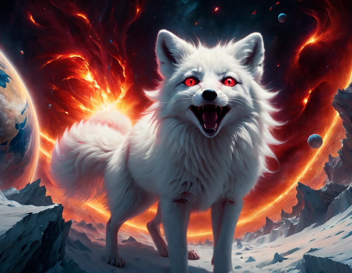High Resolution, High Quality. Hyperrealistic digital painting of a colossal, radiant largest sparkling diabolical cosmic magnificent white arctic fox in the vacuum of space about to engulf the flaming Globe Planet Earth, its eyes ablaze with a fiery red glare reflecting madness and distress, Anxiety. Madness. A terrible open mouthi, with a surreal and pop art twist, engulfing the viewer in a scene of hyperdetailed anxiety and grandeur, octane rendering, cinematic. hyperrealism, hyper-detailed, digital painting, ultra fine, 8k resolution, breathtaking surreal masterpiece