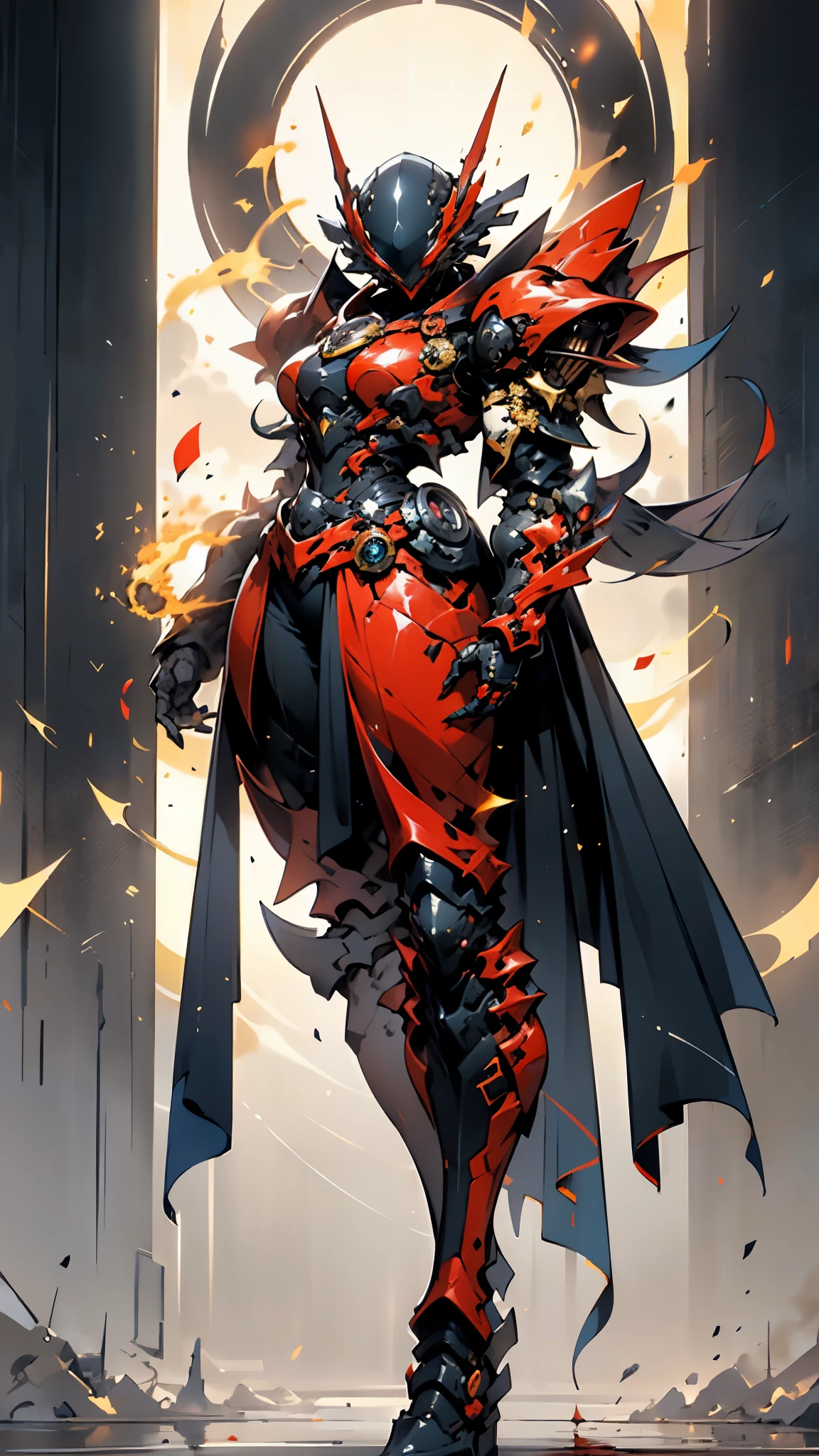 A woman adorned in fantasy-style full-body armor, a crown-concept fully enclosed helmet that unveils only her eyes, a composite layered chest plate, fully encompassing shoulder and hand guards, a lightweight waist armor, form-fitting shin guards, the overall design is heavy-duty yet flexible, ((the armor gleams with a golden glow, complemented by red and blue accents)), exhibiting a noble aura, she floats above a fantasy-surreal high-tech city, this character embodies a finely crafted fantasy-surreal style armored hero in anime style, exquisite and mature manga art style, (Queen bee mixed with Spider concept Armor, plasma, blood), ((Element, energy, elegant, goddess, femminine:1.5)), metallic, high definition, best quality, highres, ultra-detailed, ultra-fine painting, extremely delicate, professional, anatomically correct, symmetrical face, extremely detailed eyes and face, high quality eyes, creativity, RAW photo, UHD, 32k, Natural light, cinematic lighting, masterpiece-anatomy-perfect, masterpiece:1.5