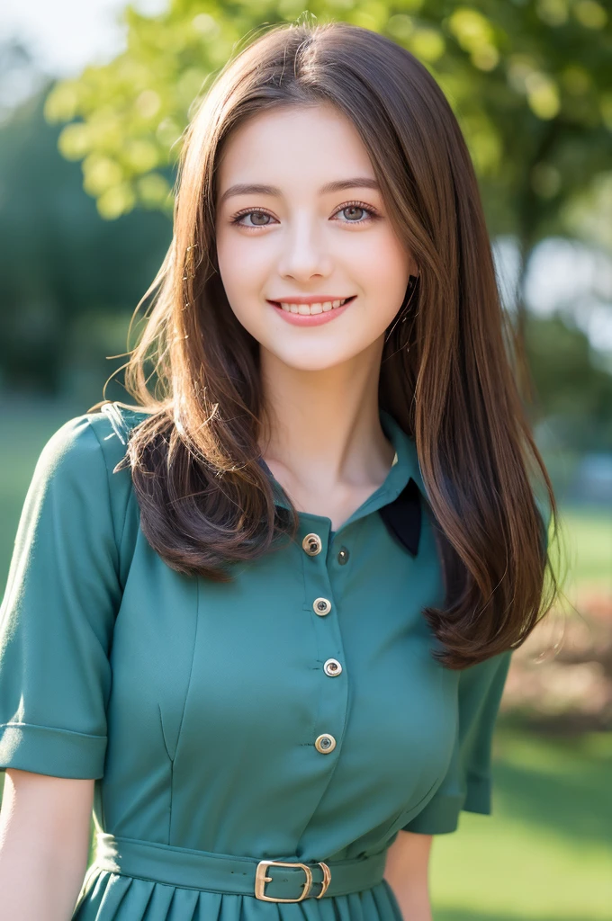 ((Best quality, 8k, Masterpiece :1.3)), 1girl, taking selfie, closeup, smiling, slim face, Pretty woman, (Dark brown hair), full length dress :1.1, Ultra-detailed face, Detailed eyes, Double eyelid, blur background, slim face,, outside, park, sunny, sky, Nature, high school uniform, large breast