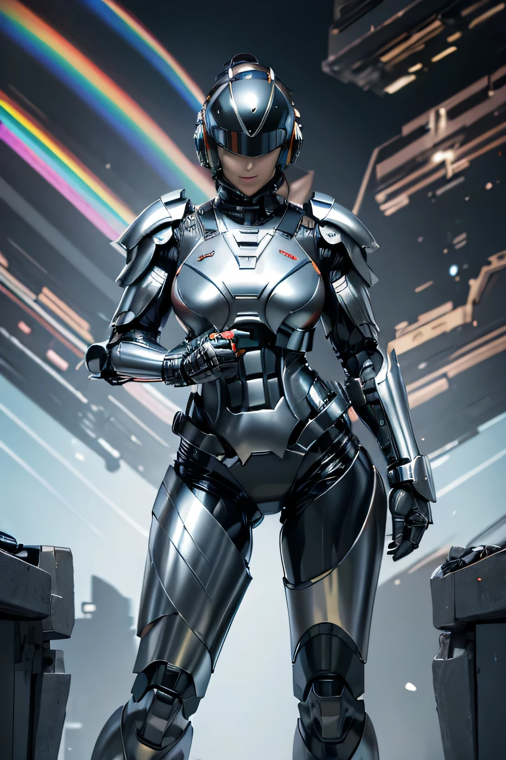 female robocop solo、Armor that completely covers the whole body、very large armor、helmet to hide eyes、rainbow armor、Armor that completely covers the chest、thin and long legs、Vibrant posel body view