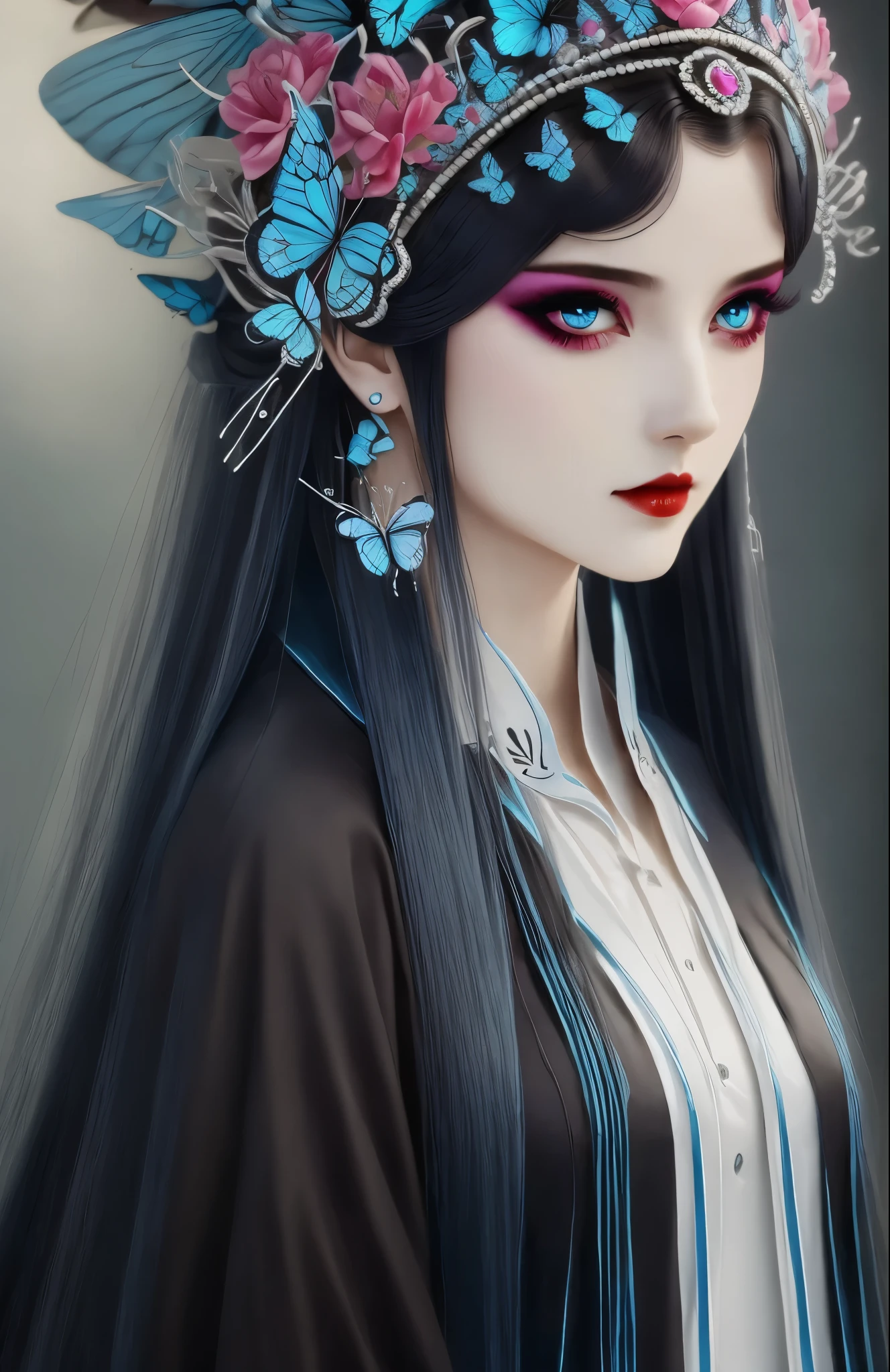 character table, official art, concept art, gothic style, butterfly on hair, long white hair, dark makeup, red eyes, Many details