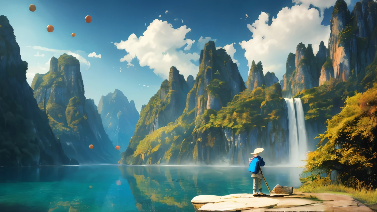 masterpiece, best quality, high quality, Very detailed CG unity 8k wallpaper, landscape, Outdoor activities, sky空, cloud, sky, Mountain, landscape, water, tree, blue sky空, waterfall, cliff, nature, lake, river, cloudy sky空,Award-winning photography, Bokeh, depth of field, high dynamic range, bloom, Color difference ,lifelike,Very detailed, Popular topics on Artstation, CGSociety's Hot Topics, complex, high detail, dramatic, midway art,There is a human boy,sky上浮空一个桃子,Particle effects float around the peach,Human boy with his back to the camera,Human boy holding paintbrush in hand,古代water墨风格,water墨风,national style,中national style,