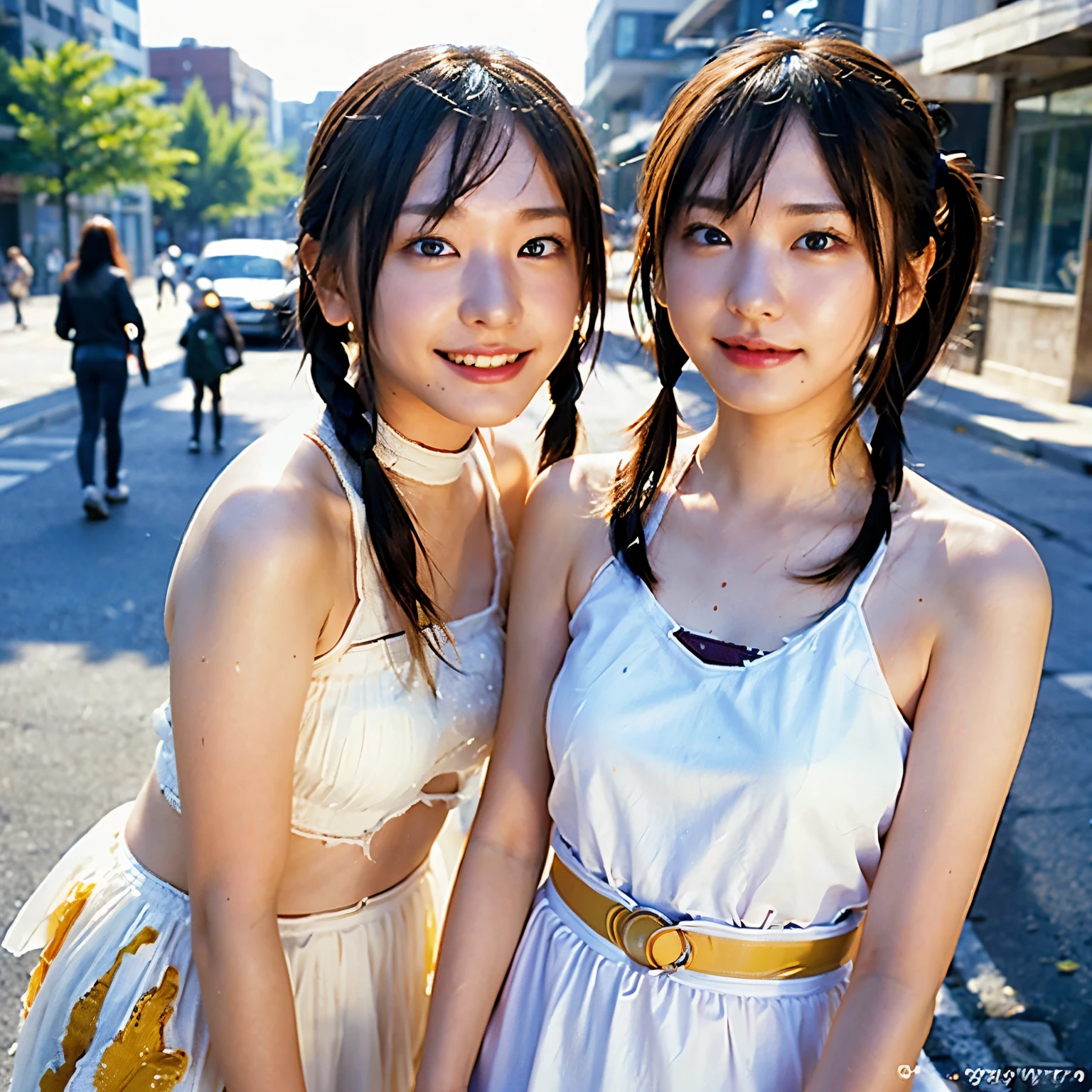 shukezouma, Rendering with Octane, nffsw, (super detailed:1.15), (soft light, sharp:1.2), (((duo,Two girls in costume take a selfie on the street,smile、15 years old、colorful pigtails, anime cosplay,))),beautiful Girl, hyper detail eyes, mature, paint drop, tears滴をペイントする, girl made with paint, paint completely, splat, splash, long colored hair,paint light bulb,paint drop, exposed shoulders, tears,I can see your shoulders, thighs are exposed, half naked, focus on the face, beautiful face, eye shadow, bear outline, Russian face, russian girl, mascara, beautiful, 18-year-old