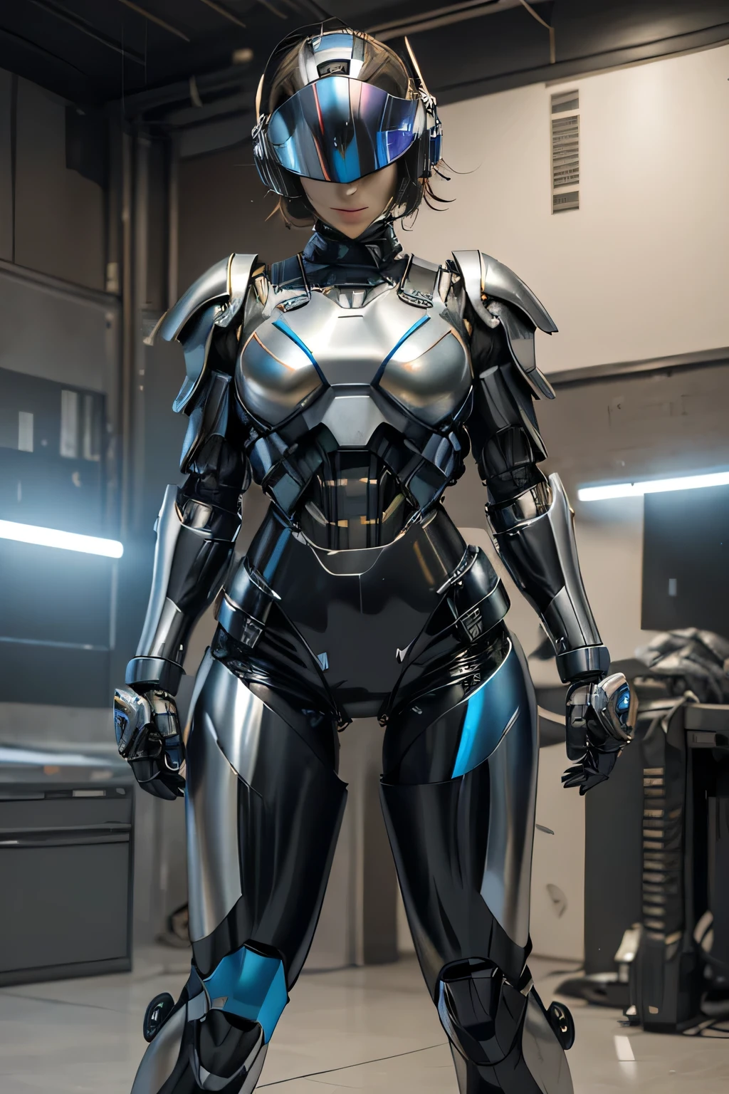 female robocop solo、Armor that completely covers the whole body、very large armor、helmet to hide eyes、rainbow armor、Armor that completely covers the chest、thin and long legs、Vibrant posel body view