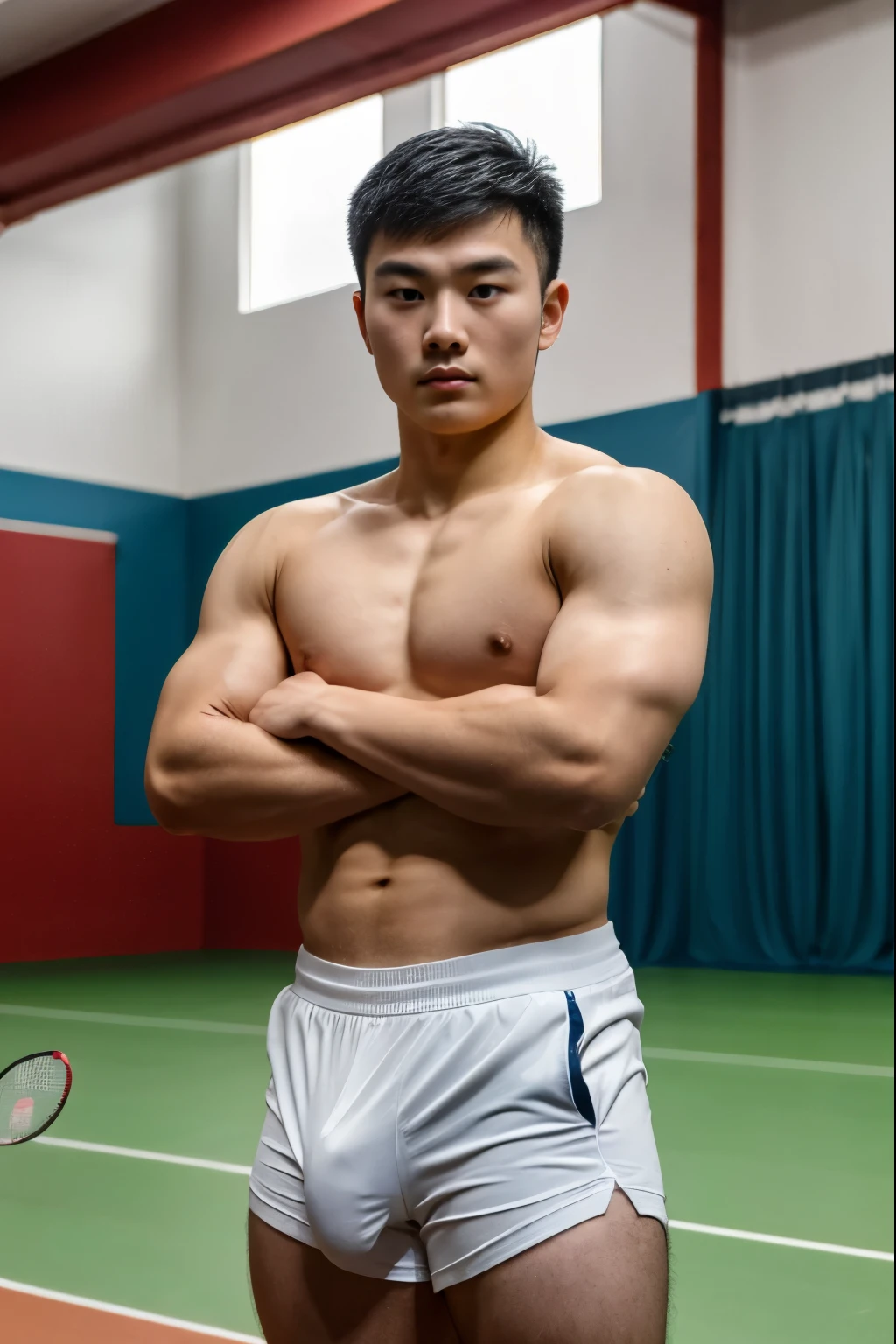 Close up picture of a young muscular Asian Chinese badminton player man ,wearing only shorts with huge bulge, wearing no shirt, shirtless, cross arms, arms crossed pose, standing and looking into the camera with a serious expression on his face, a badminton racket, badminton shuttlecock, in a badminton court background,Masterpiece，8K