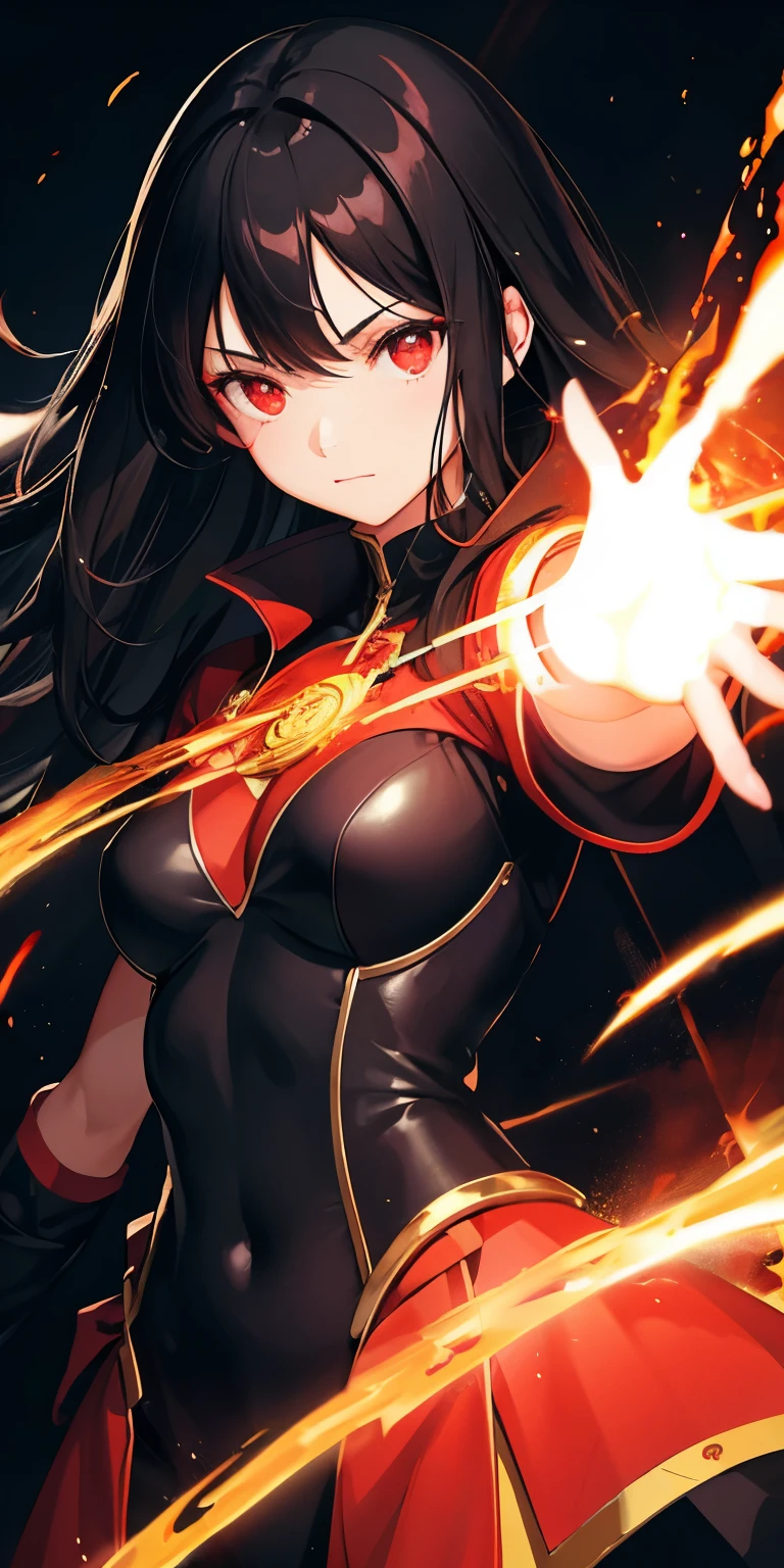 1girl, black hair, red eyes, fire witch, blood, light particles, light rays, wallpaper, high contrast, colorful,