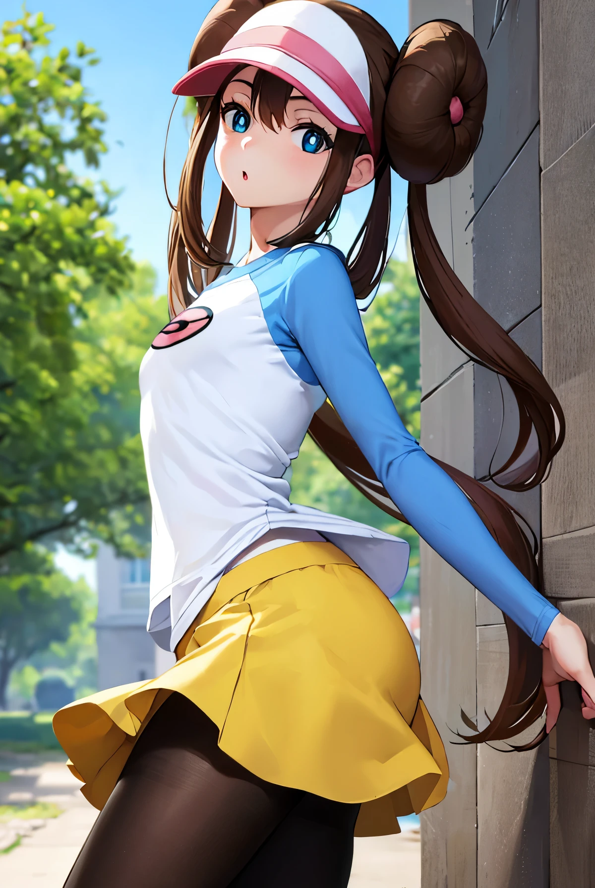 rosa, rosa, brown hair, double good, doughnut bun hair, bun hair, blue eyes, hair between eyes, twin tails, (small breasts:1.2), open your mouth,
break pantyhose, Pantyhose under shorts, raglan sleeves, skirt, yellow skirt, white shirt, blue sleeves, long sleeve, visor cap,
break looking at viewer, Upper body, whole body,
break outdoors,
break (masterpiece:1.2), highest quality, High resolution, unity 8k wallpaper, (figure:0.8), (detailed and beautiful eyes:1.6), highly detailed face, perfect lighting, Very detailed CG, (perfect hands, perfect anatomy),