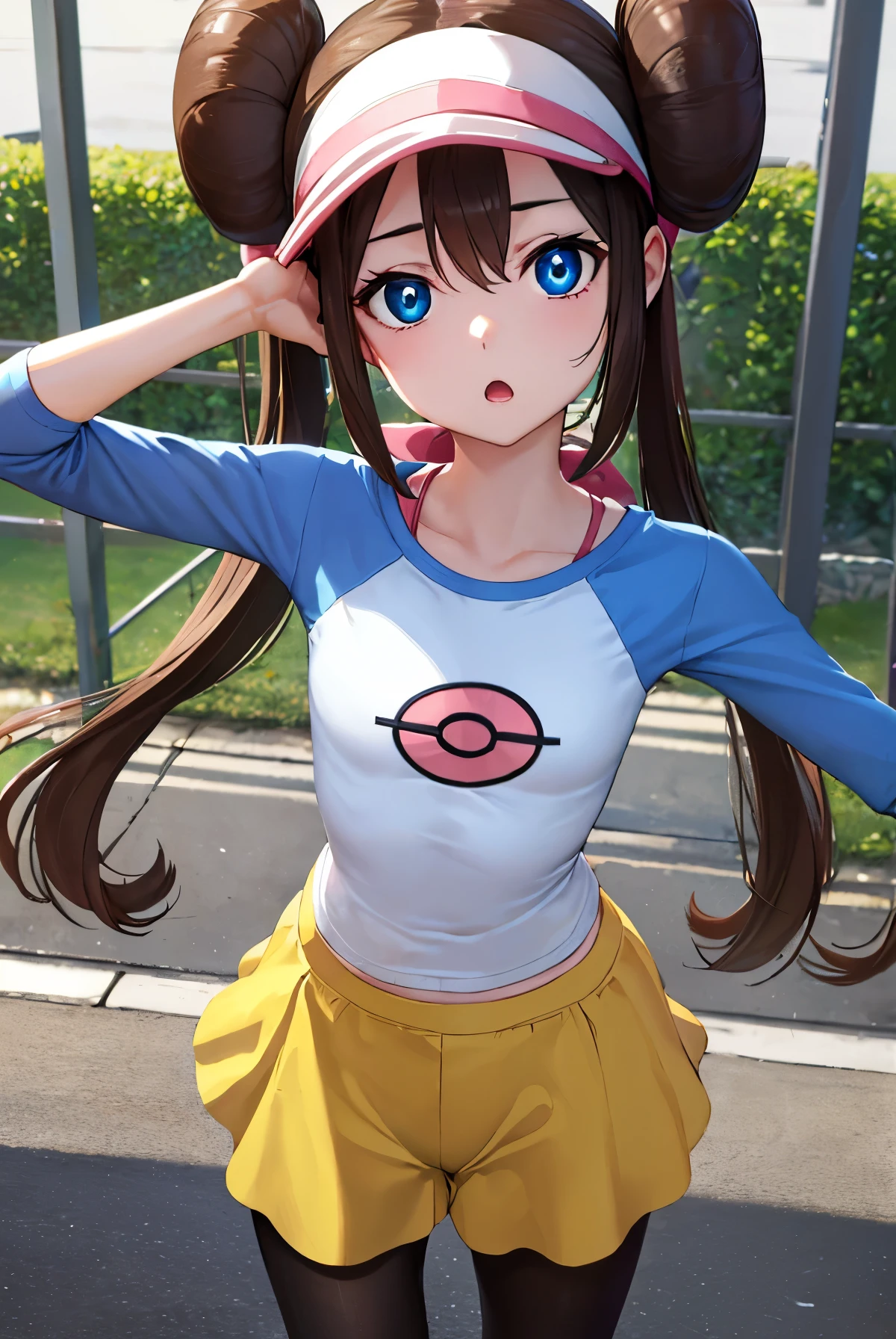 rosa, rosa, brown hair, double good, doughnut bun hair, bun hair, blue eyes, hair between eyes, twin tails, (small breasts:1.2), open your mouth,
break pantyhose, Pantyhose under shorts, raglan sleeves, skirt, yellow skirt, white shirt, blue sleeves, long sleeve, visor cap,
break looking at viewer, Upper body, whole body,
break outdoors,
break (masterpiece:1.2), highest quality, High resolution, unity 8k wallpaper, (figure:0.8), (detailed and beautiful eyes:1.6), highly detailed face, perfect lighting, Very detailed CG, (perfect hands, perfect anatomy),