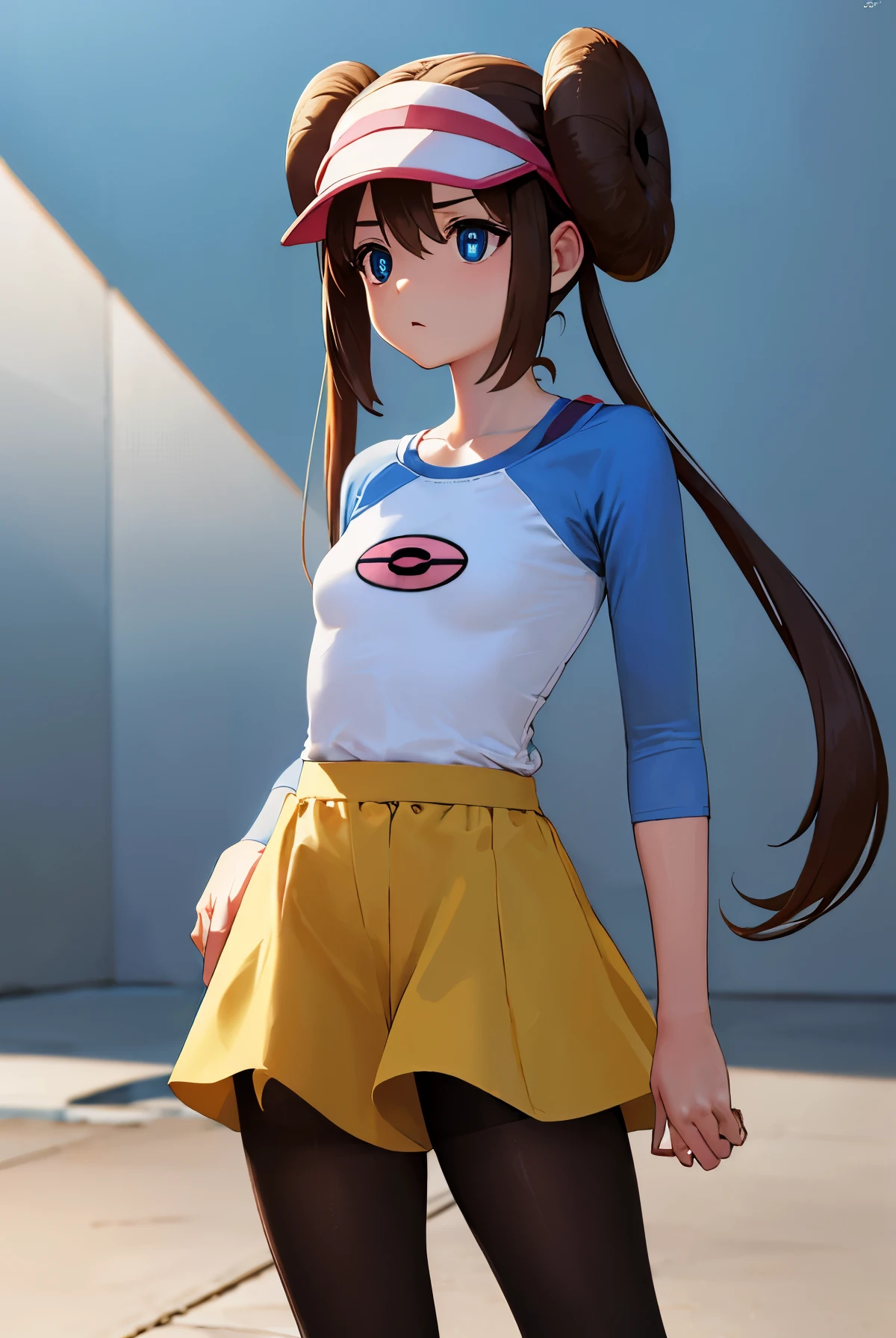 rosa, rosa, brown hair, double good, doughnut bun hair, bun hair, blue eyes, hair between eyes, twin tails, (small breasts:1.2), open your mouth,
break pantyhose, Pantyhose under shorts, raglan sleeves, skirt, yellow skirt, white shirt, blue sleeves, long sleeve, visor cap,
break looking at viewer, Upper body, whole body,
break outdoors,
break (masterpiece:1.2), highest quality, High resolution, unity 8k wallpaper, (figure:0.8), (detailed and beautiful eyes:1.6), highly detailed face, perfect lighting, Very detailed CG, (perfect hands, perfect anatomy),