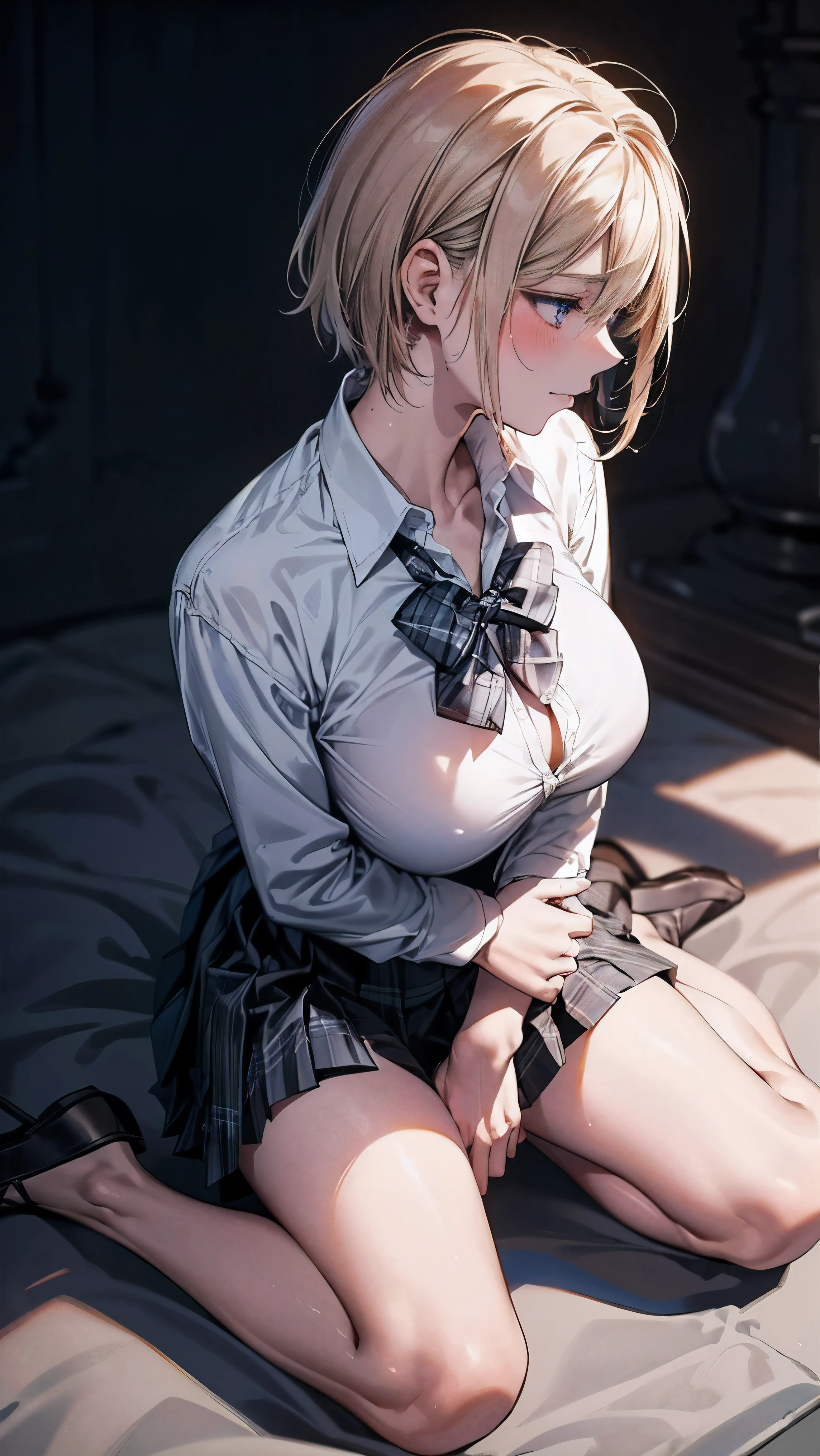 (masterpiece:1.2, highest quality), (realistic, photorealistic:1.4), beautiful illustrations, (profile,whole body, high angle:1.5,From above:1.5)
1 girl, Japanese, high school girl, (Blonde Belly Shorthair), bangs, hair between eyes, big breasts,
beautiful hair, beautiful face, beautiful and detailed eyes, beautiful clavicle, beautiful body, beautiful breasts, beautiful thighs, beautiful feet, beautiful fingers,
(Very dark place,very quiet music,very dark contrast,very dark tone,dark atmosphere,Backlight)
((collared long sleeve shirt, very big white shirt, school uniform, Grey plaid pleated skirt, blue plaid bow tie,))
(sitting, , grab the hem of the skirt, put your hand on your chest, hand between legs),
blush, ,25 years old,Composition to the toes:1.3,Very short black socks:1.5