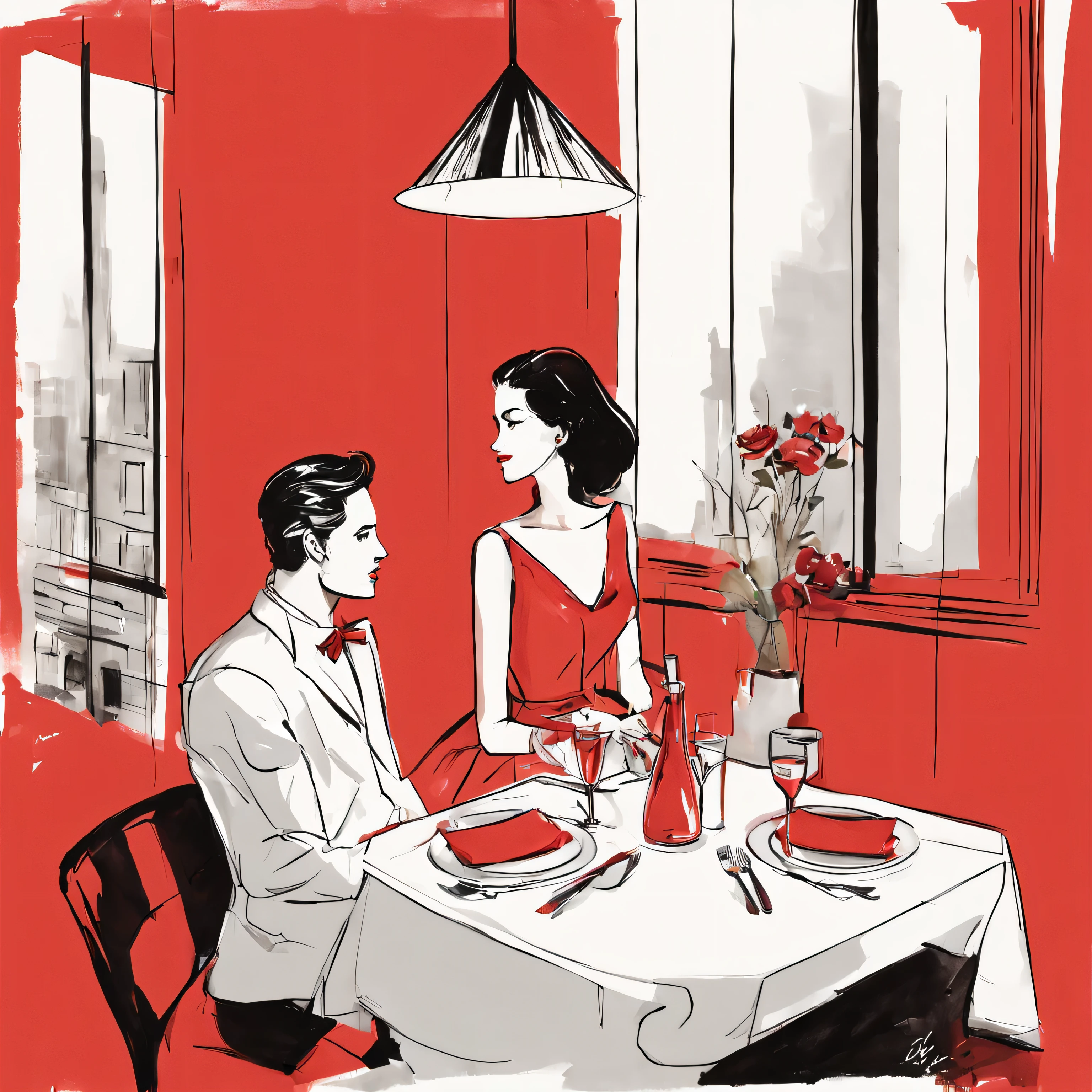 Tableau rouge, diner romantique, Un homme et une femme, Tenue chic, style dessin minimaliste, to do the housework, dessin coloré rouge