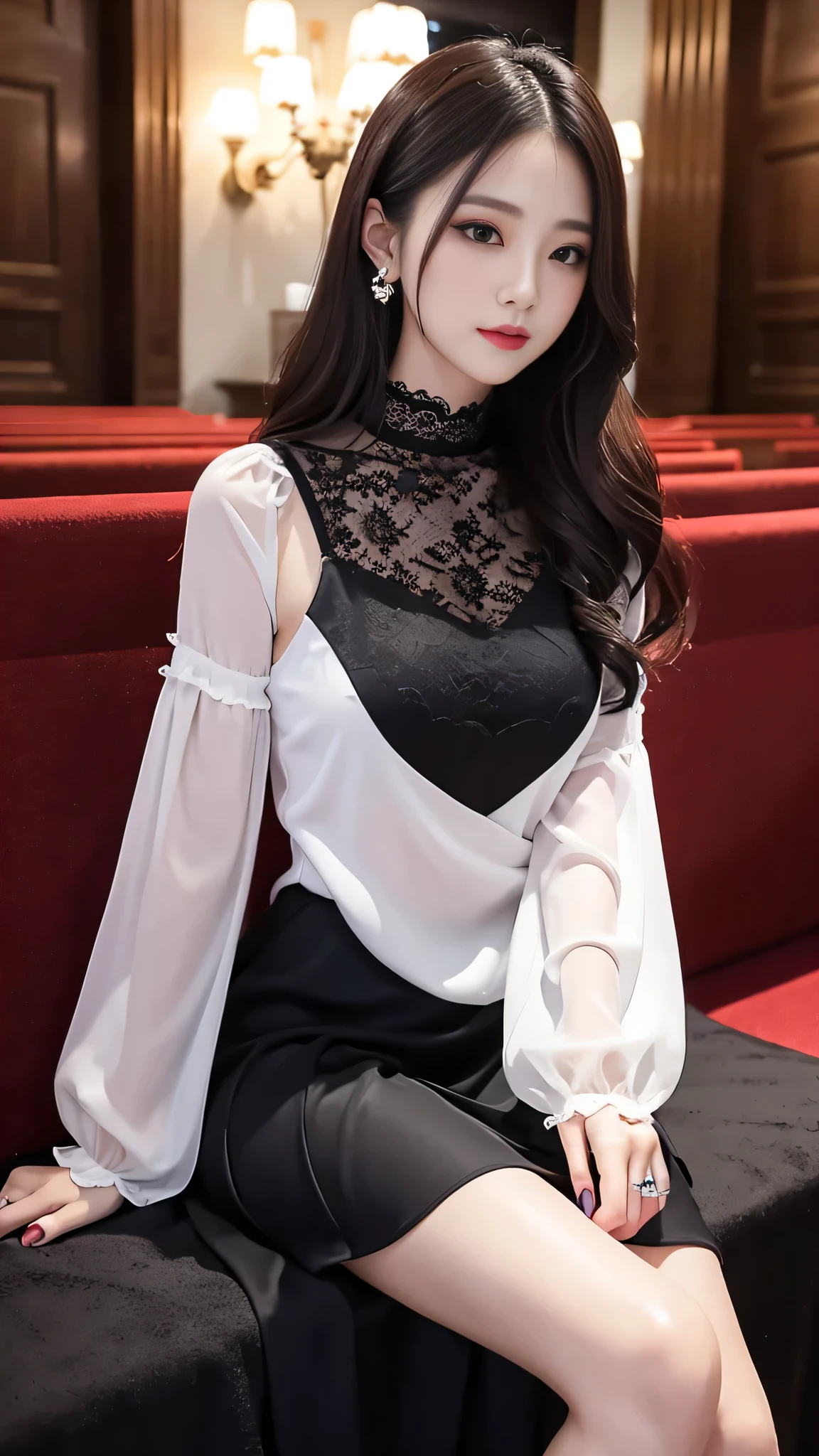 Super detailed、Japanese、charming beauty、seductive adult woman、Beautiful woman、sharp eyes、cool girl、wavy hair、Black chiffon、lace fabric、wide sleeve、wearing a lace insert dress、white blouse、pleated skirt、Lustrous legs、evil depravity、brainwashing、Mind control、lipstick、Touching lips、grin、evilな表情、evil、empty eyes、evil、church at night、vampire、evil woman、witch、Makeup tools