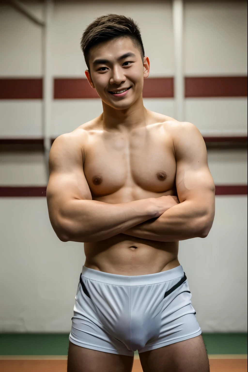 Close up picture of a young muscular Asian Chinese badminton player man , smile,wearing only shorts with huge bulge, wearing no shirt, shirtless, cross arms, arms crossed pose, standing and looking into the camera with a serious expression on his face, a badminton racket, badminton shuttlecock, in a badminton court background,Masterpiece,8K