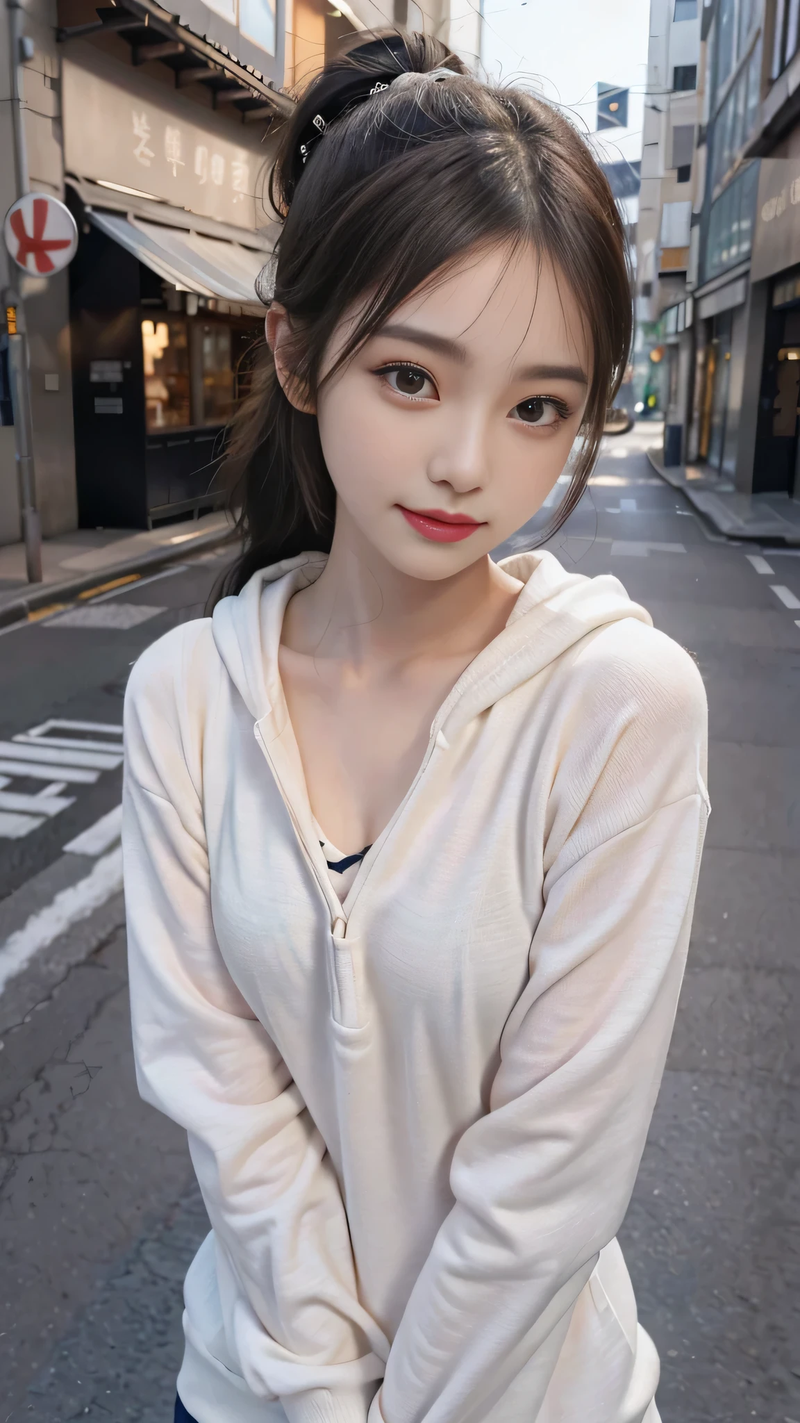 One woman,fully body photo,masutepiece, The highest image quality, High quality, the background is clear,Beautiful woman, Japanese, Detailed, Detailed eyes, Detailed skin, Beautiful skin, 超hight resolution, (reality: 1.4),Very beautiful woman, Slightly younger face, Beautiful skin, slender, (Ultra photo realsisim), (hight resolution), (8K), (Very detailed) (beautifully detailed eyes), (super detailed), (Detailed face), view the viewer, Fine details, Detailed face, Staring straight ahead, Staring straight ahead, photos realistic, Bright lighting, Professional Lighting, Black hair,poneyTail,a baby face,fifteen years old,Hairstyle is ponytail,long ponytail hairstyle,slight smile,neat and tidy clothing,European Streets,Beautiful Japanese KPOP idol photo, hair style is ponytail, my eyes are double and wide, baby face, smile and look straight ahead, slender, small breasts,neat and tidy clothing,European Streets,winter Clothing,snowing,wears a hoodie with a hood,