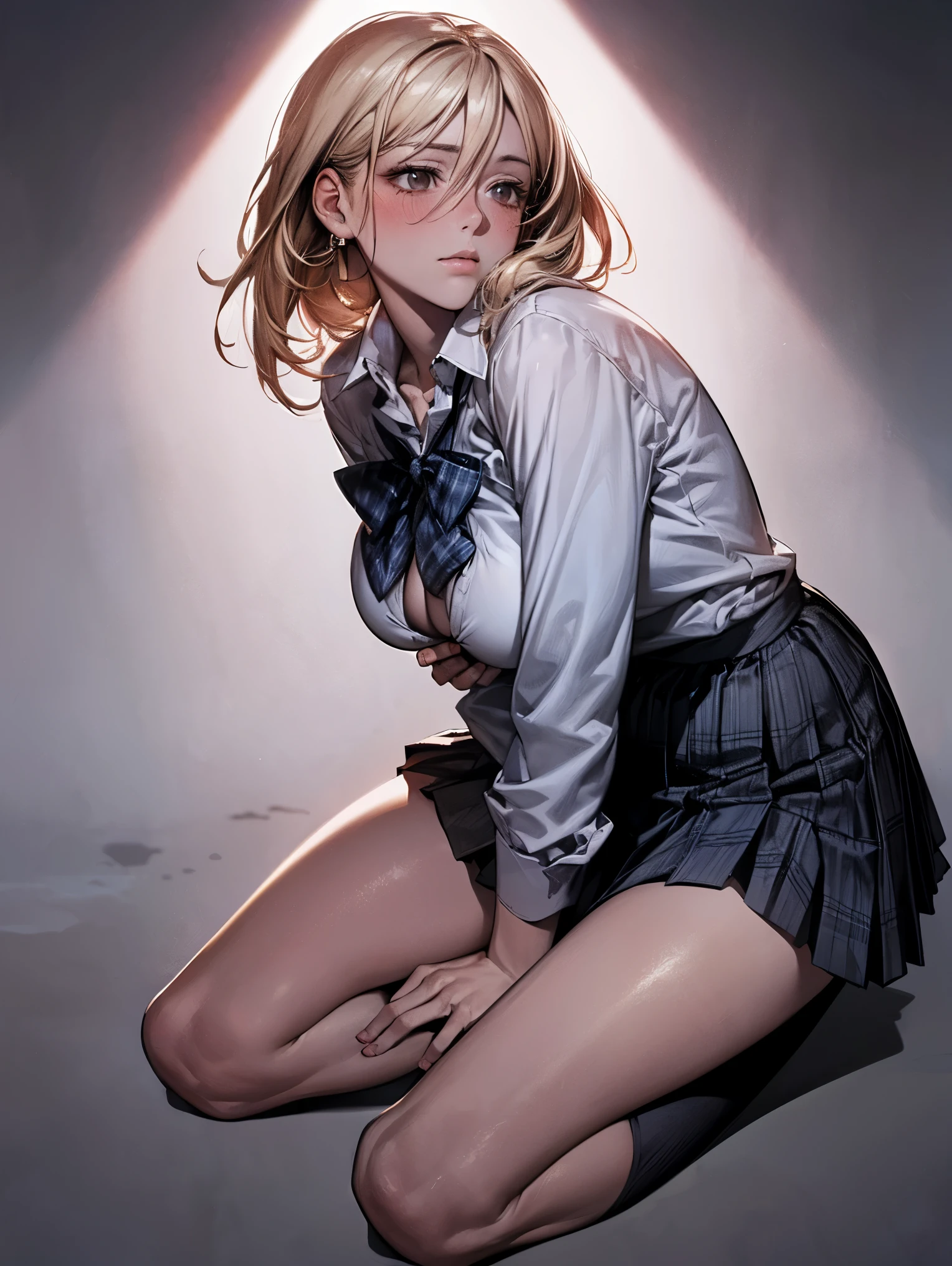 (masterpiece:1.2, highest quality), (realistic, photorealistic:1.4), beautiful illustrations, (whole body, Low - Angle:1.5,From the side:1.5), 1 girl, (Blonde Belly Shorthair), bangs, hair between eyes, , beautiful hair, beautiful face, beautiful clavicle, beautiful body, beautiful breasts, be thighs, beautiful feet, beautiful fingers, (Very dark place, very quiet music, very dark contrast, very dark tone, dark atmosphere, Backlight),
(collared long sleeve shirt, very big white shirt, japanese school uniform, Grey plaid pleated skirt, blue plaid bow tie), (grab the hem of the skirt, put your hand on your chest, hand between legs), blush, 25 years old,Composition to the toes:1.3