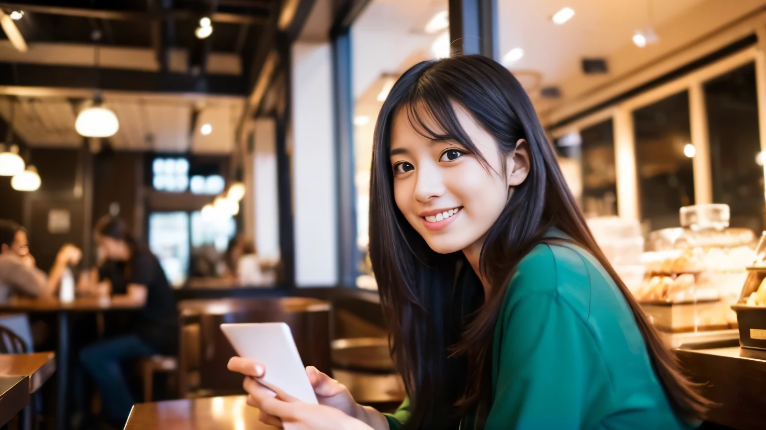 ((最high quality, 8k, masterpiece: 1.3)), perfect face,Inside a stylish cafe in New York、A scene in which a beautiful model-like woman with big breasts is drinking a latte and studying on a laptop.,All around you, you can see other customers enjoying their time.。At the back of the cafe、The staff are busy working at the counter.、You can feel the liveliness and warmth typical of urban cafes., sharp focus, 1 girl, Sexy 1.2, , (big: 1.5), fine eyes, Beautiful eyes with long slits, double eyelid, (cat face), (cute Face), cute Smile, (close your mouth), (cute), soft skin, Show the whole body, surreal, super detailed, high quality, (Beautiful female college student studying in a cafe), ((詳細な非常にcute女子大生)), ((胸は隠れているけど服の上から解るぐらいbig))