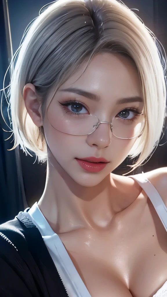 sweet expression, Lying, white glasses, short gray hair, (8k, RAW photo, realistic:1.25) ,( lip gloss, eyelash, shiny face, shiny skin, highest quality, ultra high resolution , Depth of the bounds written, chromatic aberration, caustics, wide light, natural shadow, K-POPアイドル) Gazing at the viewer with a calm and goddess-like blissful expression, whole body, big breasts, white underwear, black stockings, white shirt, secretary、smile、(full shot:1.8)