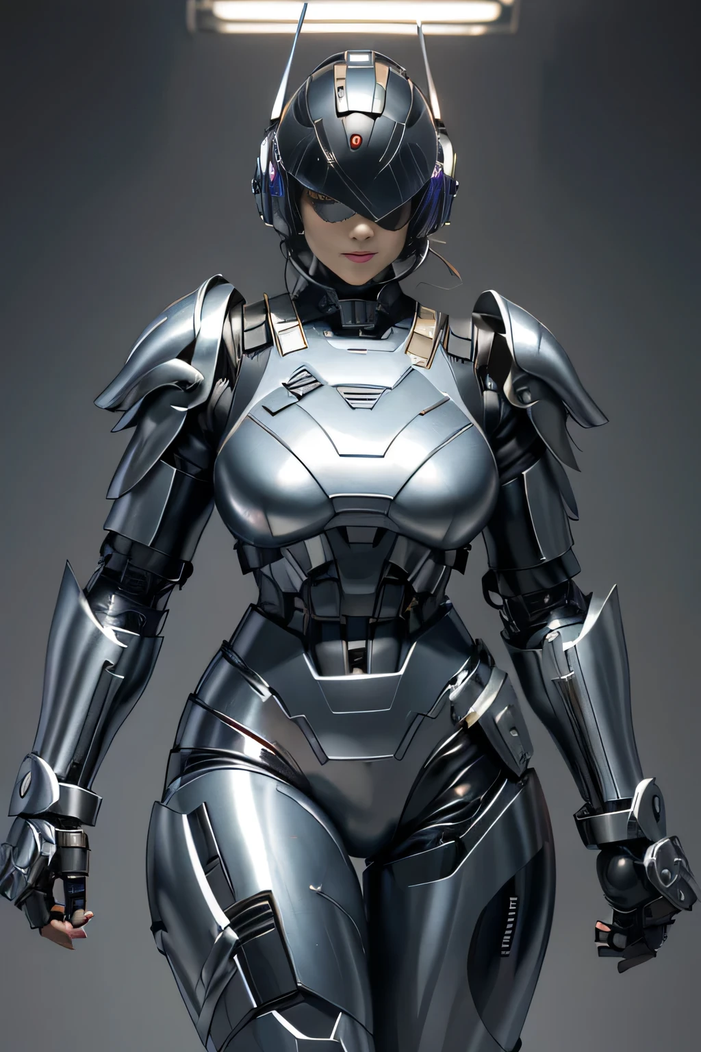 female robocop solo、Armor that completely covers the whole body、very large armor、helmet to hide eyes、rainbow armor、Armor that completely covers the chest、thin and long legs、Vibrant posel body view