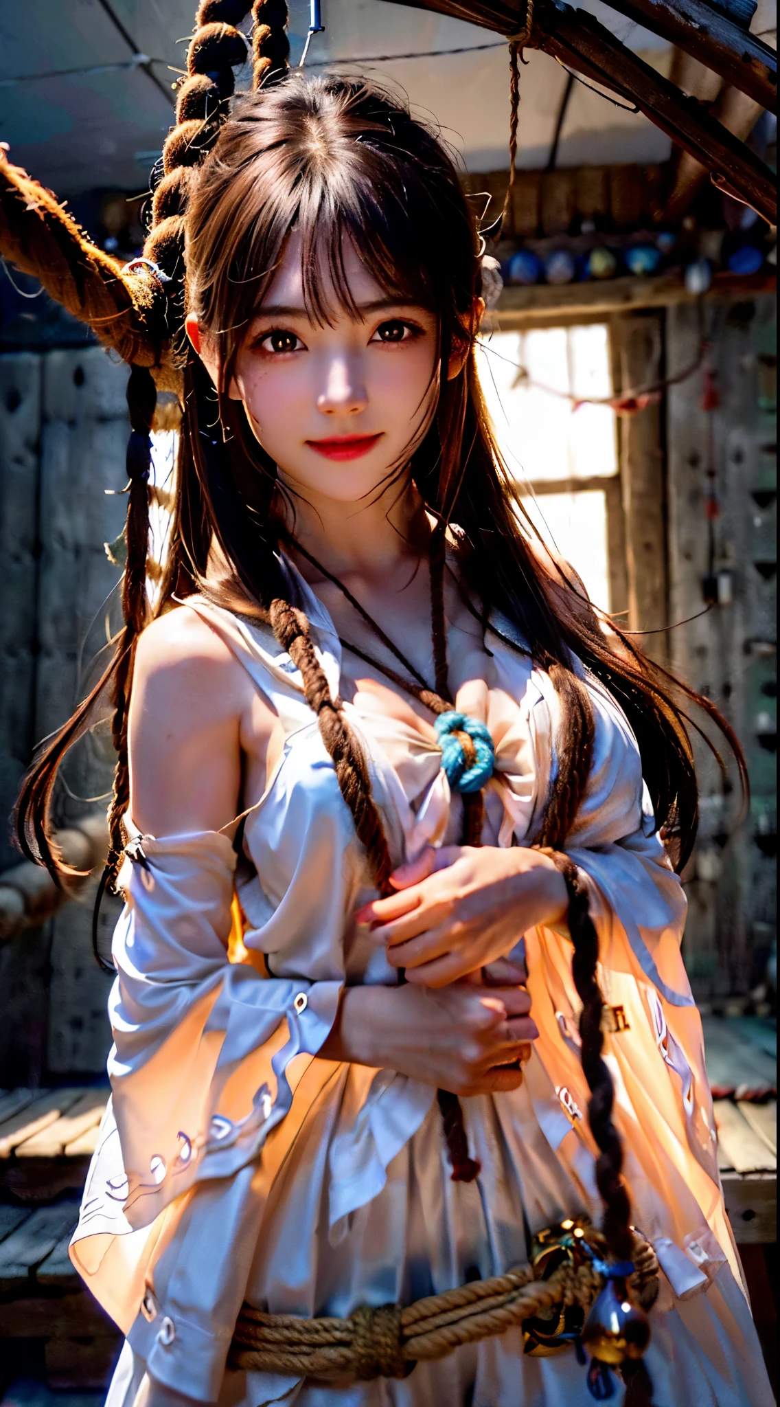 ((sfw: 1.4)), (sfw,She is wearing a long white embroidered skirt, a red blouse with lace, a white apron tied around her waist, blue socks, and brown leather shoes.A blue scarf is on her head. Yes, her accessories include necklaces, earrings, and bracelets. ponytail-hair, 1 Girl)), Ultra High Resolution, (Realistic: 1.4), RAW Photo, Best Quality, (Photorealistic Stick), Focus, Soft Light, ((15 years old)), ((Japanese)), (( (young face))), (surface), (depth of field), masterpiece, (realistic), woman, bangs, ((1 girl))