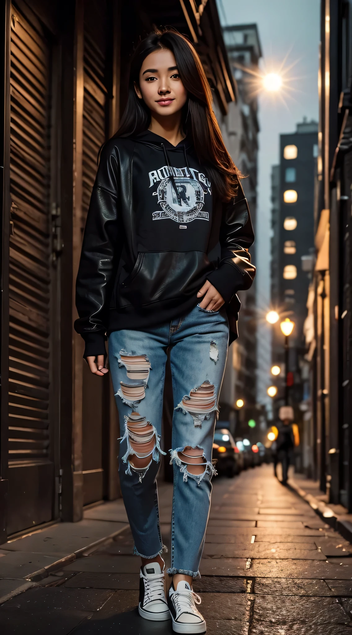 masterpiece, top quality, 1 ((smile)) beautiful girl,18 years old,standing,,Wearing casual clothes, ripped jeans and black sneakers.The background is a city street at night, with tall buildings visible. The full moon graced the sky. LED lights, anime illustrations, detail leather textures, detail fabric textures, beautiful detail faces, intricate details, ultra details, cinematic lighting, strong contrast.