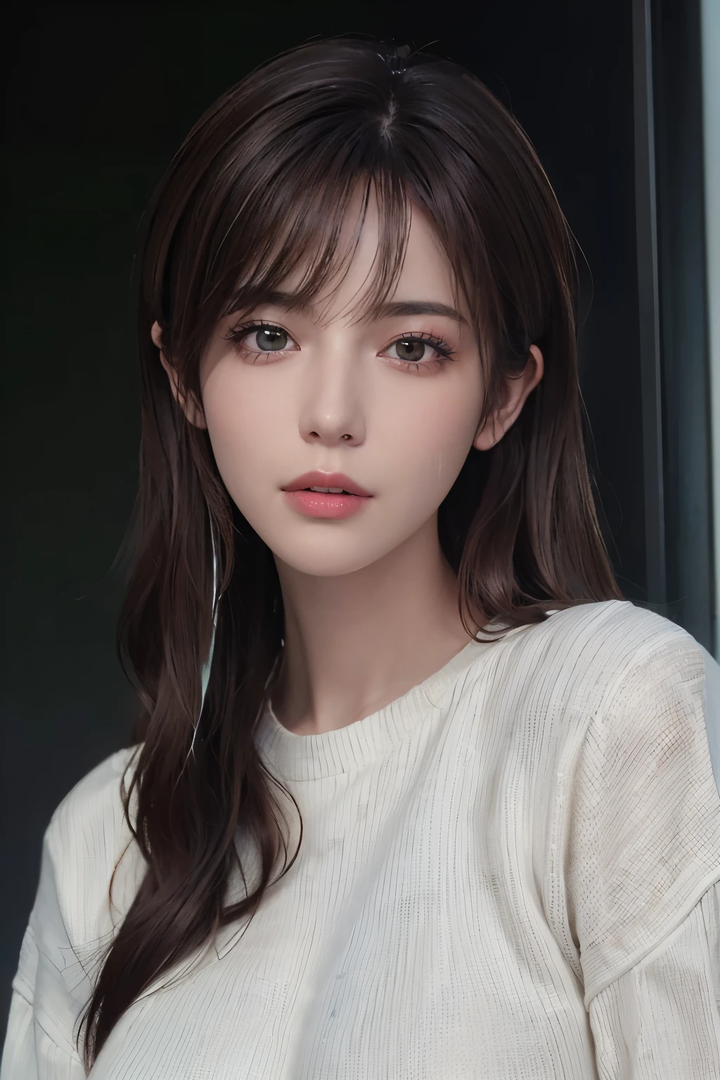 (masterpiece:1.3), (8k, photorealistic, RAW photo, best quality: 1.4), (1girl), beautiful face, (realistic face), (brown hair, long hair:1.3), beautiful hairstyle, realistic green eyes, beautiful detailed eyes, (realistic skin), beautiful skin, (sweater), absurdres, attractive, ultra high res, ultra realistic, highly detailed, golden ratio, white shirt