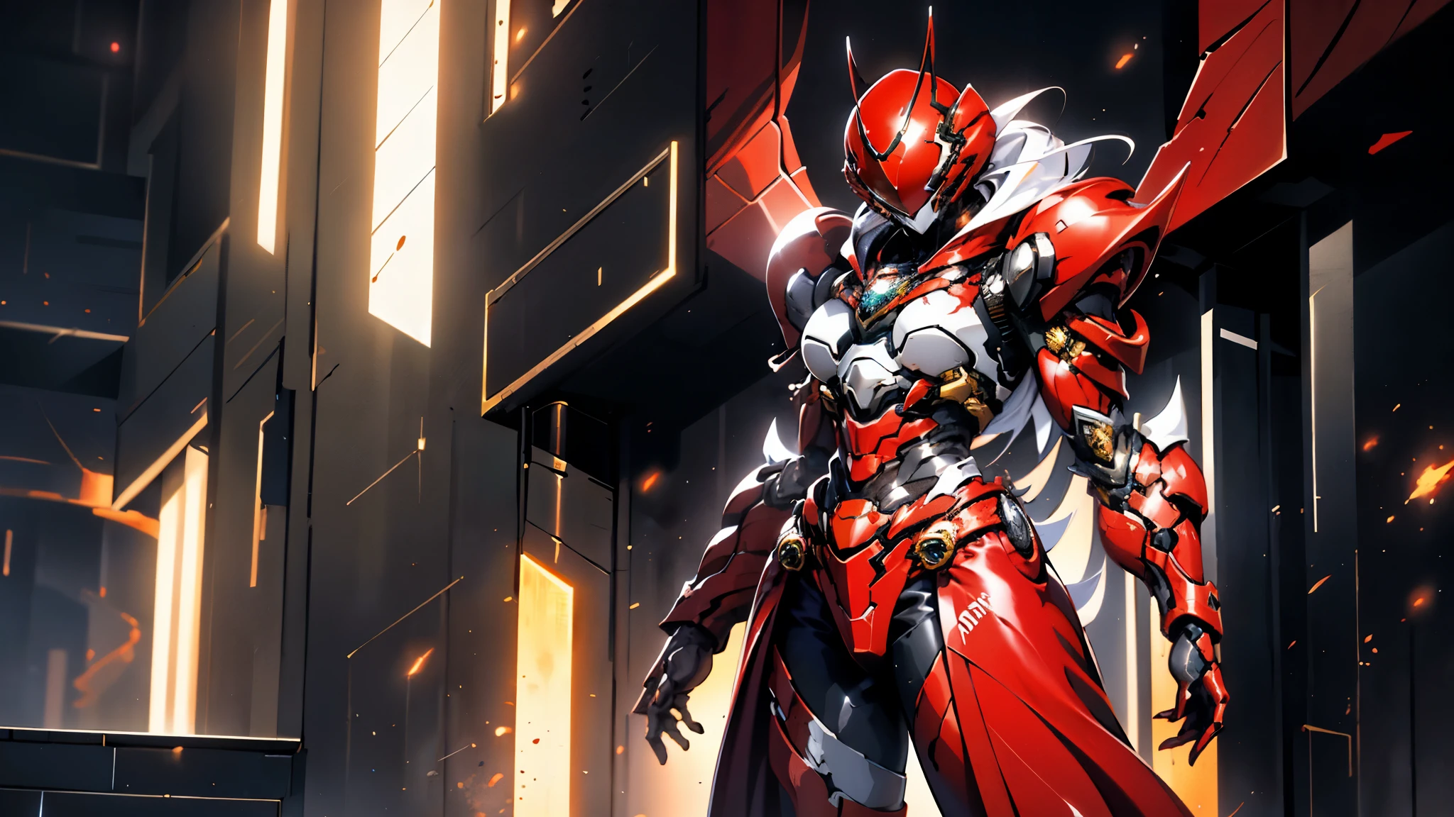 A woman adorned in fantasy-style full-body armor, a crown-concept fully enclosed helmet that unveils only her eyes, a composite layered chest plate, fully encompassing shoulder and hand guards, a lightweight waist armor, form-fitting shin guards, the overall design is heavy-duty yet flexible, ((the armor gleams with a golden glow, complemented by red and blue accents)), exhibiting a noble aura, she floats above a fantasy-surreal high-tech city, this character embodies a finely crafted fantasy-surreal style armored hero in anime style, exquisite and mature manga art style, (Queen bee mixed with Spider concept Armor, plasma, blood), ((Element, energy, elegant, goddess, femminine:1.5)), metallic, high definition, best quality, highres, ultra-detailed, ultra-fine painting, extremely delicate, professional, anatomically correct, symmetrical face, extremely detailed eyes and face, high quality eyes, creativity, RAW photo, UHD, 32k, Natural light, cinematic lighting, masterpiece-anatomy-perfect, masterpiece:1.5