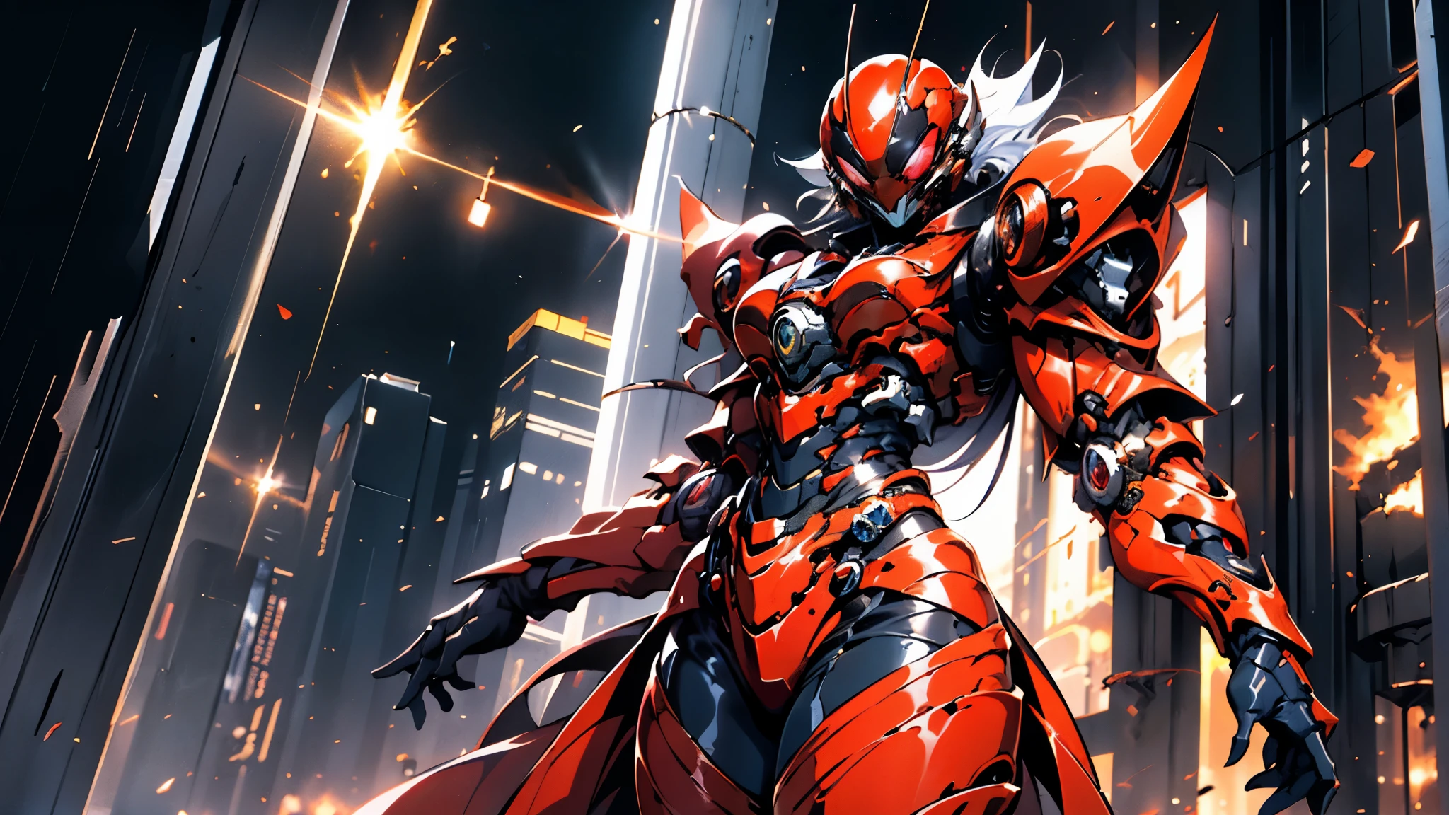 A woman adorned in fantasy-style full-body armor, a crown-concept fully enclosed helmet that unveils only her eyes, a composite layered chest plate, fully encompassing shoulder and hand guards, a lightweight waist armor, form-fitting shin guards, the overall design is heavy-duty yet flexible, ((the armor gleams with a golden glow, complemented by red and blue accents)), exhibiting a noble aura, she floats above a fantasy-surreal high-tech city, this character embodies a finely crafted fantasy-surreal style armored hero in anime style, exquisite and mature manga art style, (Queen bee mixed with Spider concept Armor, plasma, blood), ((Element, energy, elegant, goddess, femminine:1.5)), metallic, high definition, best quality, highres, ultra-detailed, ultra-fine painting, extremely delicate, professional, anatomically correct, symmetrical face, extremely detailed eyes and face, high quality eyes, creativity, RAW photo, UHD, 32k, Natural light, cinematic lighting, masterpiece-anatomy-perfect, masterpiece:1.5