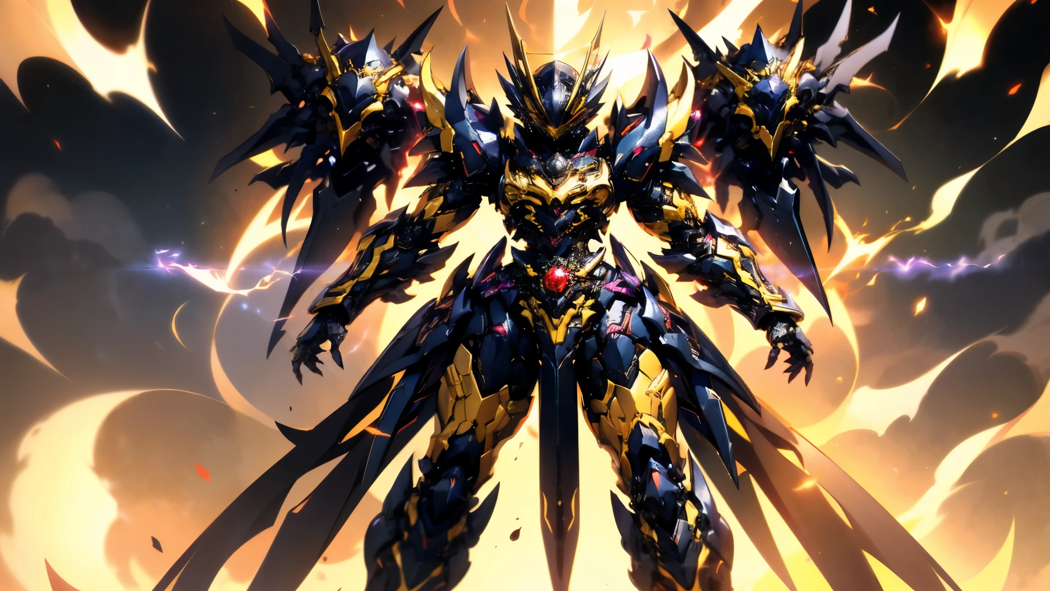 A woman adorned in fantasy-style full-body armor, a crown-concept fully enclosed helmet that unveils only her eyes, a composite layered chest plate, fully encompassing shoulder and hand guards, a lightweight waist armor, form-fitting shin guards, the overall design is heavy-duty yet flexible, ((the armor gleams with a golden glow, complemented by red and blue accents)), exhibiting a noble aura, she floats above a fantasy-surreal high-tech city, this character embodies a finely crafted fantasy-surreal style armored hero in anime style, exquisite and mature manga art style, (Queen bee mixed with Spider concept Armor, plasma, blood), ((Element, energy, elegant, goddess, femminine:1.5)), metallic, high definition, best quality, highres, ultra-detailed, ultra-fine painting, extremely delicate, professional, anatomically correct, symmetrical face, extremely detailed eyes and face, high quality eyes, creativity, RAW photo, UHD, 32k, Natural light, cinematic lighting, masterpiece-anatomy-perfect, masterpiece:1.5
