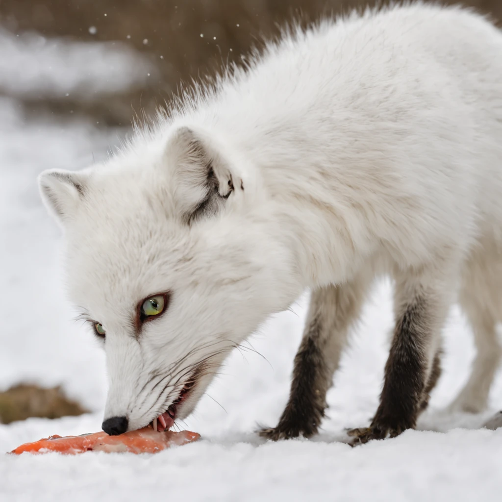 an arctic fox eating fish, arctic fox,white fur, beautiful detailed eyes and face, dirty muzzle, bloody muzzle, eats fish, hunted fish, bitten fish, imersial surroundings,snow-covered landscape, snowing, (best quality,highres),(realistic:1.37),,soft natural light,vivid colors