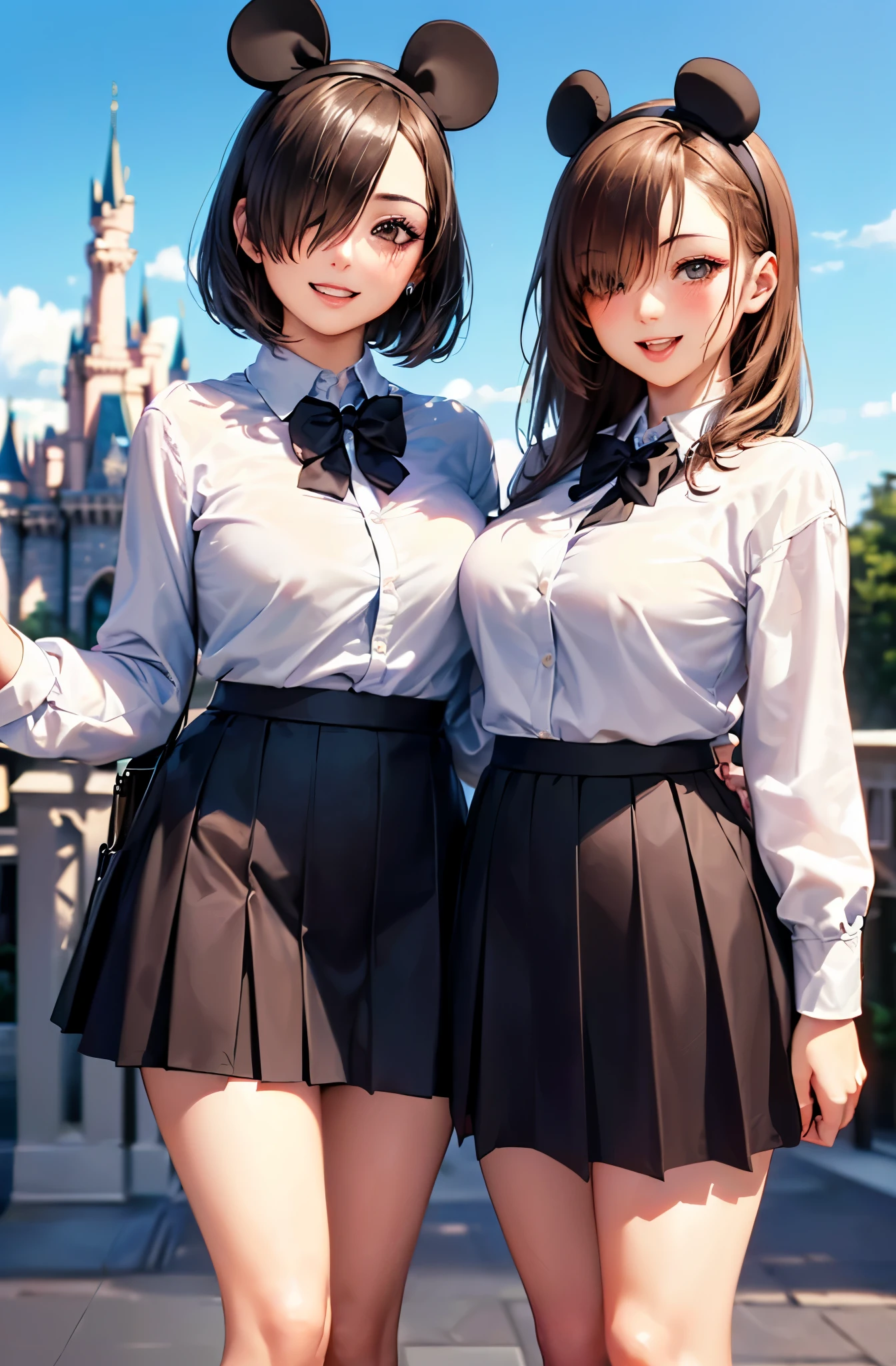 (masterpiece:1.5)、(highest quality:1.5)、(8K:1.2)、(Super detailed:1.2)、(realistic:1.2)、(ultra high resolution:1.2)、(Highly detailed and realistic skin:1.2)、(Very detailed and clean sharp eyes:1.2)、(bright lighting:1.3)、(In front of Cinderella Castle at Disneyland:1.4)、(female couple with different hairstyles:1.5)、(cute pose:1.3)、break、(18 year old woman with slender figure:1.3)、(beautiful eyeliner)、(beautiful eyeshadow)、natural color lip、break、(super mini skirt:1.5)、(cute long sleeve school uniform:1.3)、break、(Mickey Mouse headband:1.3)、break、(Medium brown bob hair that covers one eye:1.3)、break、(medium beautiful breasts)、(blushing cheeks:1.2)、(The best smile with an open mouth:1.3)、(Beautiful slender legs)