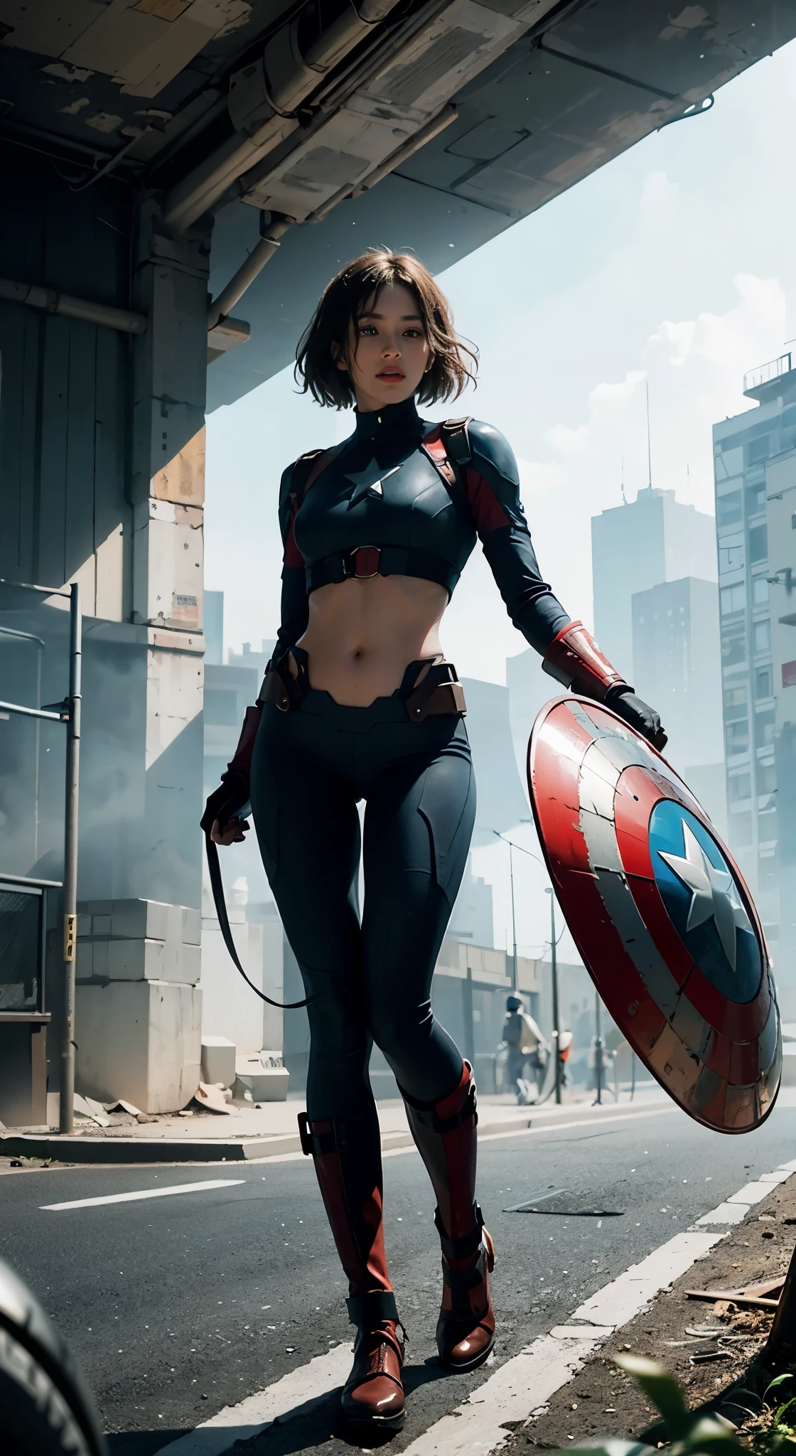 (1 girl:1.3), alone, __body parts__, official art, unified 8k wallpaper, Super detailed, beautiful and aesthetic, beautiful, masterpiece, 最high quality, born, masterpiece, super detailed photo, 最high quality, ultra high resolution, photorealism, sunlight, full body portrait, amazing beauty, dynamic pose, delicate face, bornきbornきとした目, (from the front), She's wearing a futuristic Captain America jersey, Blue color scheme, (holding a shield), saggy breasts, Capital A on the chest, Highly detailed abandoned warehouse background, detailed face, Detailed complex and busy background, Messy, nice, milky, highly detailed skin, realistic skin details, visible pores, sharp focus, volumetric fog, 8k UHD, Digital single-lens reflex camera, high quality, film grain, Fair skin, photorealism, lomography, Huge metropolis of futuristic dystopia, seen from below, translucent