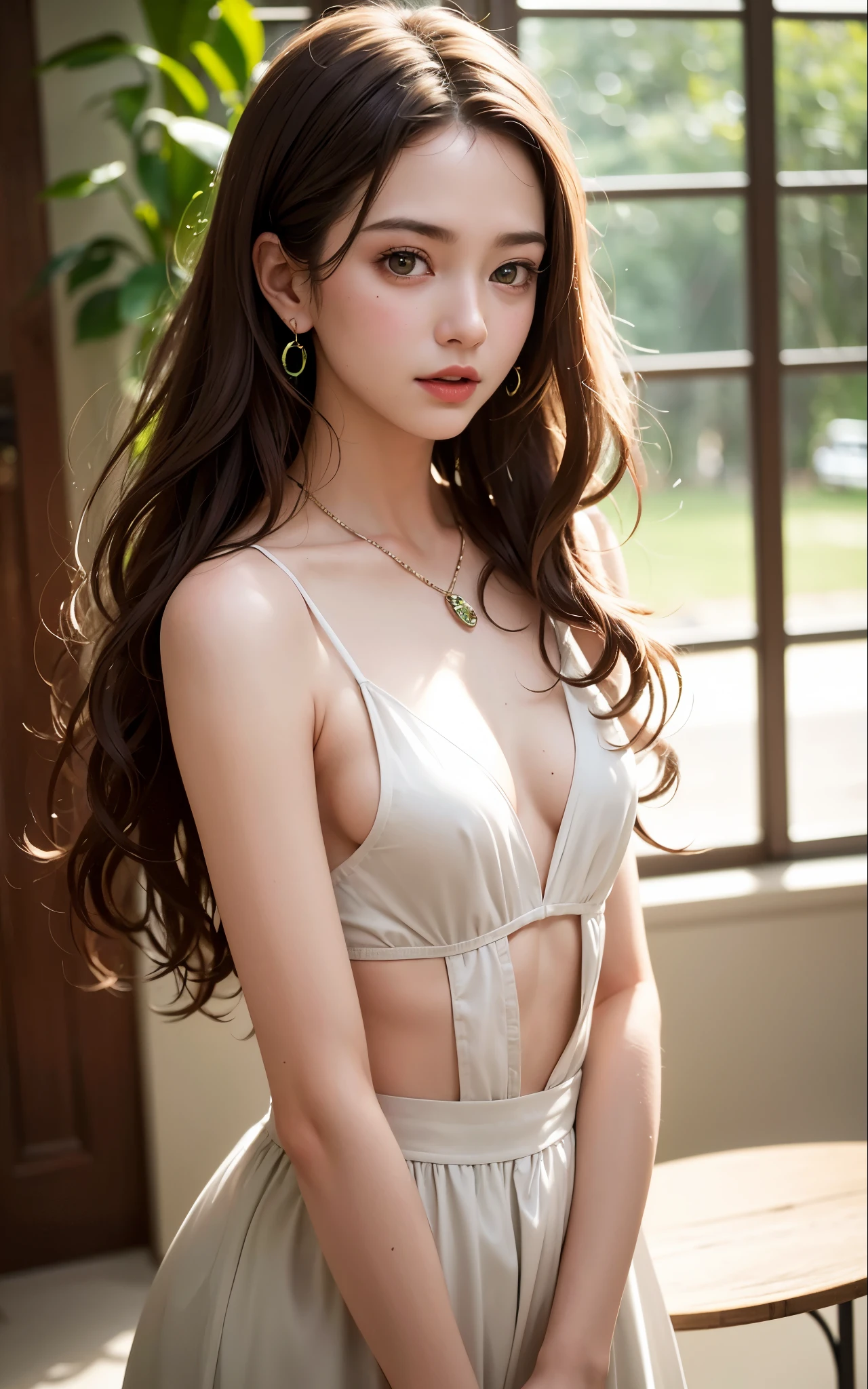 8k, Raw photo, Portrait, highest quality, 超A high resolution、Upper body,((small breasts)),(((breasts are visible))),curly hair、earrings、Photoreal, 1 girl, , chestnut hair, green eyes、necklace, laughter, eyelash, movie lighting, Depth of the bounds written, Lens flare、