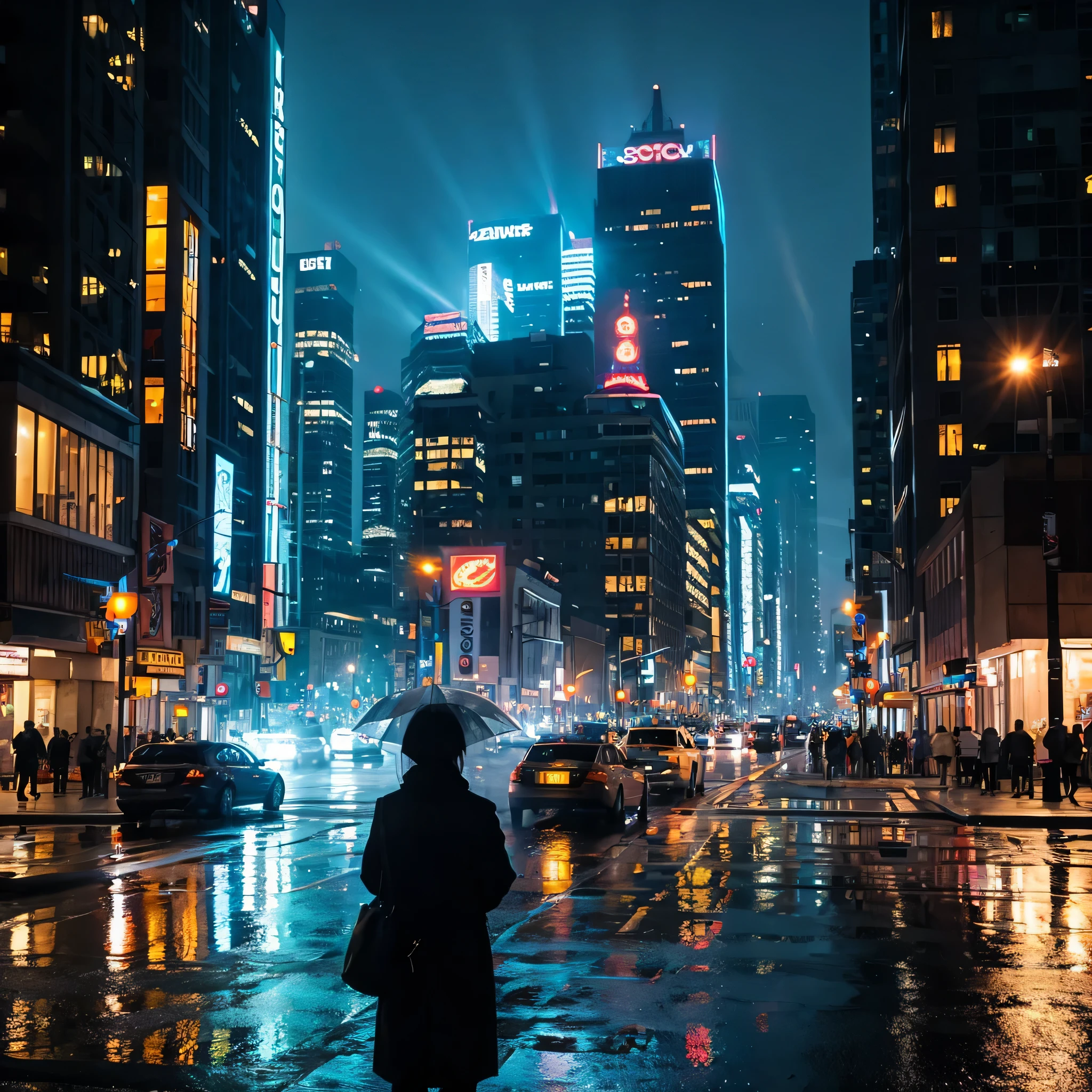 sad，rainy night，beautiful，Rear view，Light，steam，City，Science fiction，vague，cartoon