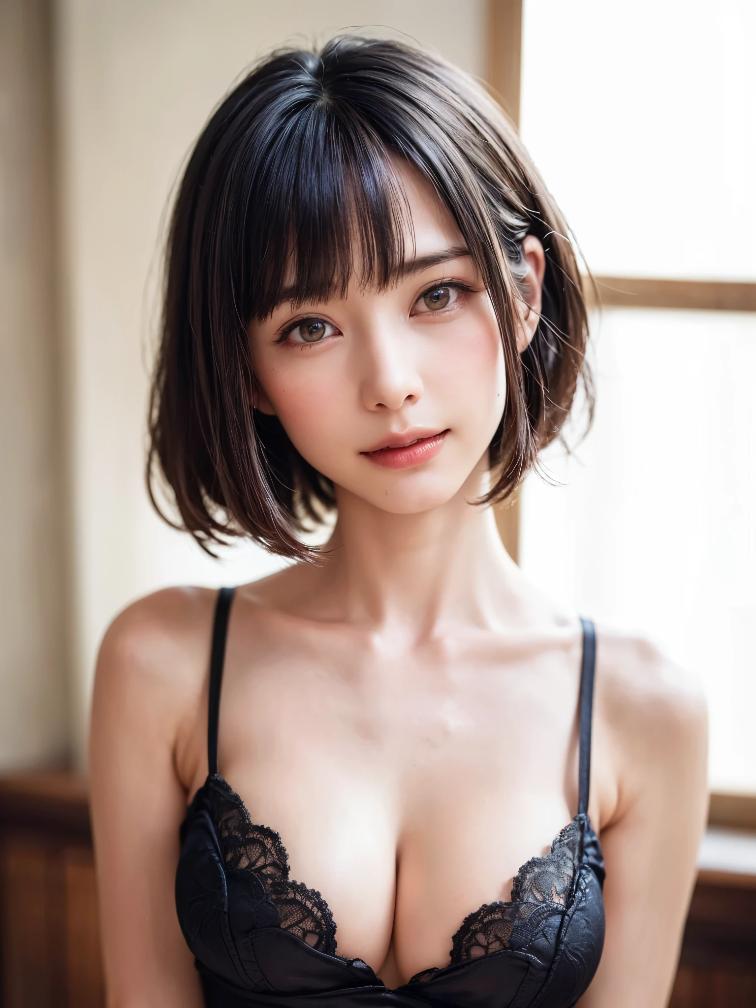 (table top, highest quality、ultra high resolution、face focus focus、focus on the sides、navel focus、decolletage focus、very attractive beauty、Adds intense highlights to the eyes、look closely at the camera:1.4、Absolutely beautiful bangs:1.4、Brunette short bob hair with bangs:1.4),1 girl, Report, black haired, realistic, looking at the viewer, pale black eyes, short hair, lips, lip gloss, Upper body、Big eyes、eyelash)、((italian natural background、hyper real stick:1.4))、((short hair with bangs:1.4、Beautiful bangs with 46 points:1.4、{Huge|big|Hugeな|mega} chest:2, cleavage:2、Big eyes、Give your students very powerful highlights、very bigger chest、look at the audience、very beautiful beauty、show me your ears、beautiful long neck、beautiful decollete、smile、A smilee beautiful teeth、Open your mouth and smilee))、28 years old、very cute super model、perfect anatomy