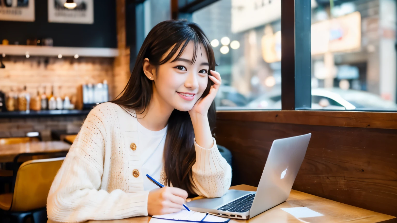 ((最high quality, 8k, masterpiece: 1.3)), perfect face,Inside a stylish cafe in New York、A scene in which a beautiful model-like woman with big breasts is drinking a latte and studying on a laptop.,All around you, you can see other customers enjoying their time.。At the back of the cafe、The staff are busy working at the counter.、You can feel the liveliness and warmth typical of urban cafes., sharp focus, 1 girl, Sexy 1.2, , (big: 1.5), fine eyes, Beautiful eyes with long slits, double eyelid, (cat face), (cute Face), cute Smile, (close your mouth), (cute), soft skin, Show the whole body, surreal, super detailed, high quality, (Beautiful female college student studying in a cafe), ((詳細な非常にcute女子大生)), ((胸は隠れているけど服の上から解るぐらいbig胸))