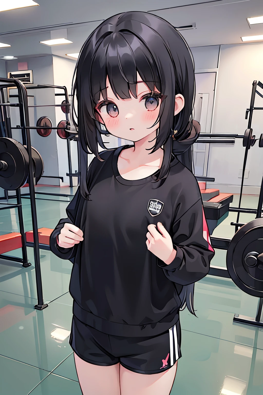 Gym suit、(shorts:1.2)、long black hair、flat chest、、(、 girl:1.5)、