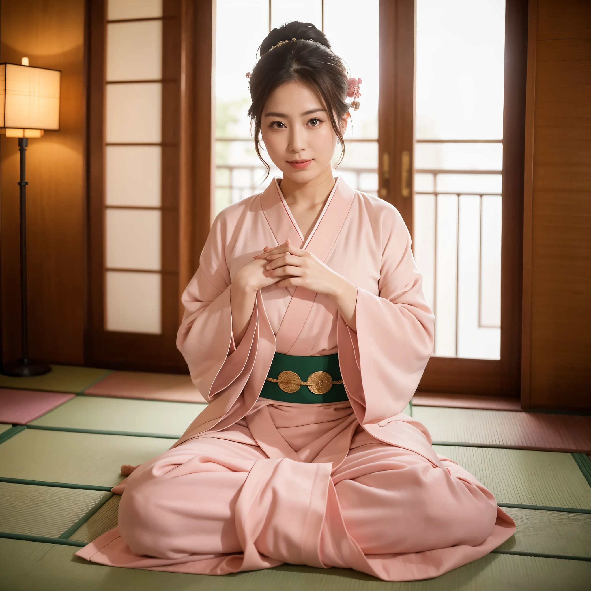 ulzzang-6500-v1.1, (highest quality: 1.3), (masterpiece: 1.3), (super detailed: 1.3), (genuine:1.4), (muste piece), araffe woman in kimono sitting on the floor with a towel over her head, in kimono, Yoshitomo Nara, in kimono, Japanese goddess, sakimichan, traditional beauty, Shunga style, Japanese model, sophisticated gravure idol, shikamimi, beast, Japanese, sexy, sensual, sexual, Put your hands behind you、