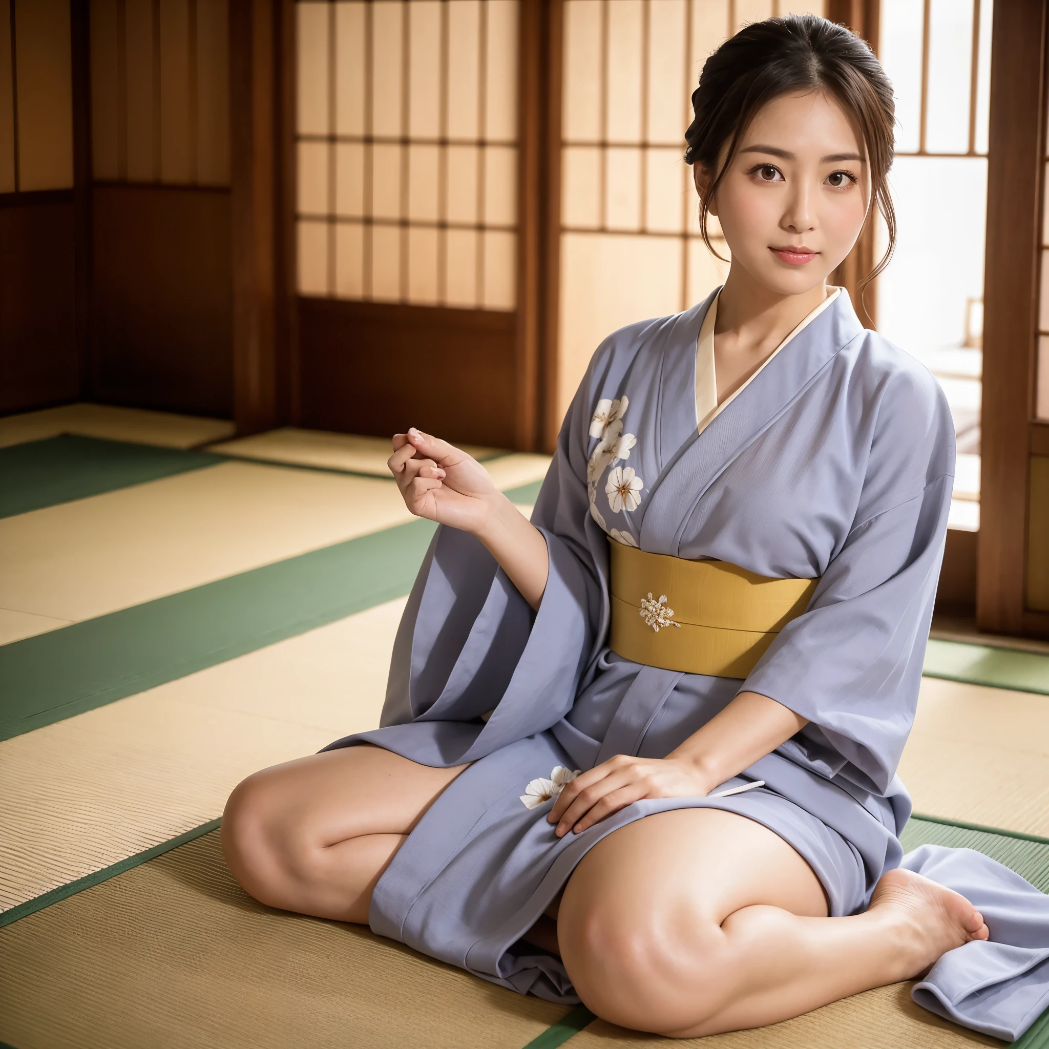 ulzzang-6500-v1.1, (highest quality: 1.3), (masterpiece: 1.3), (super detailed: 1.3), (genuine:1.4), (muste piece), araffe woman in kimono sitting on the floor with a towel over her head, in kimono, Yoshitomo Nara, in kimono, Japanese goddess, sakimichan, traditional beauty, Shunga style, Japanese model, sophisticated gravure idol, shikamimi, beast, Japanese, sexy, sensual, sexual, Put your hands behind you、
