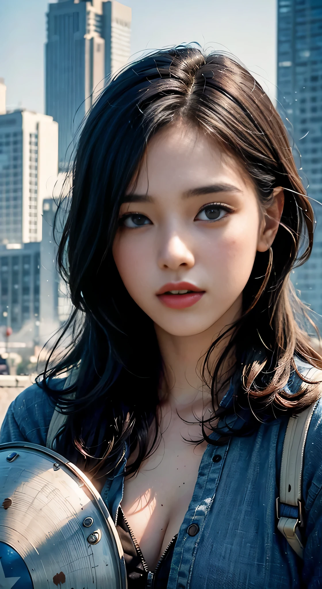 (best quality,realistic,ultra-detailed),faded blue clothes,breasts exposed,portraits,natural lighting,vivid colors