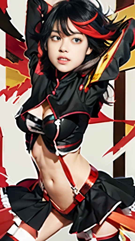a cartoon image of a woman in a black and red outfit, ryuko matoi, kill la kill illustration, kill la kill, attractive matoi ryuko, gapmoe yandere grimdark, gapmoe yandere, by Jin Homura, demon anime girl, half invoker half megumin, pin on anime, yandere, inspired by Jin Homura