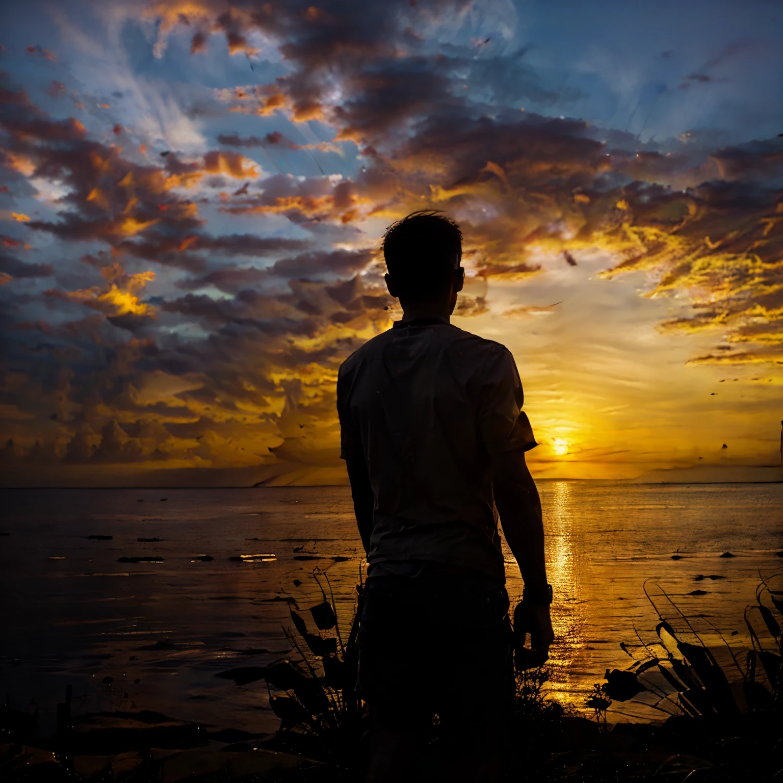 a skinny short man looking at the sunset