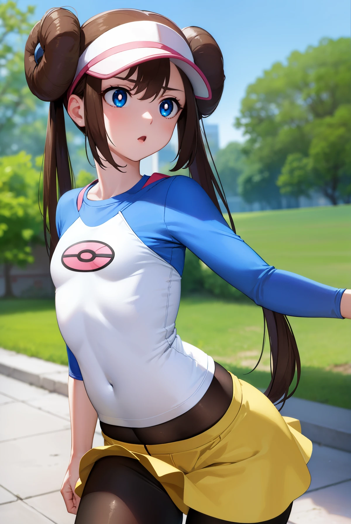 rosa, rosa, brown hair, double good, doughnut bun hair, bun hair, blue eyes, hair between eyes, twin tails, (small breasts:1.2), open your mouth,
break pantyhose, Pantyhose under shorts, raglan sleeves, skirt, yellow skirt, white shirt, blue sleeves, long sleeve, visor cap,
break looking at viewer, Upper body, whole body,
break outdoors,
break (masterpiece:1.2), highest quality, High resolution, unity 8k wallpaper, (figure:0.8), (detailed and beautiful eyes:1.6), highly detailed face, perfect lighting, Very detailed CG, (perfect hands, perfect anatomy),