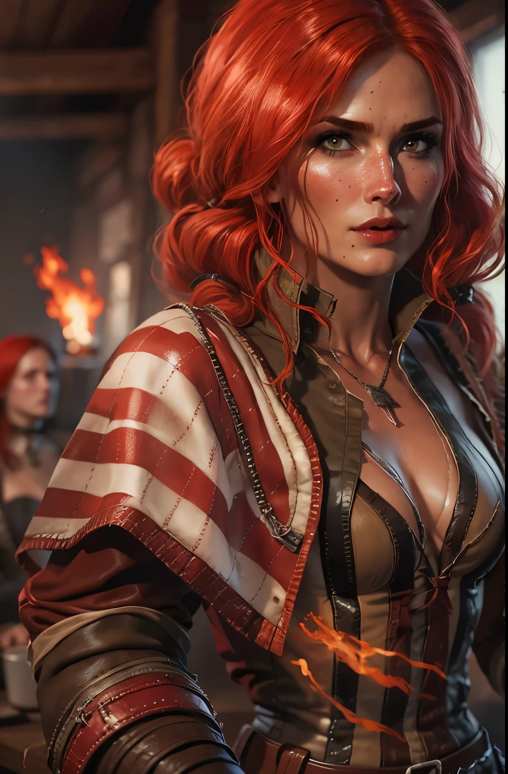 A portrait of Tr1ss with fire out of her hands wearing a red and white striped top with a leather cape in a tavern, red hair, hot look 