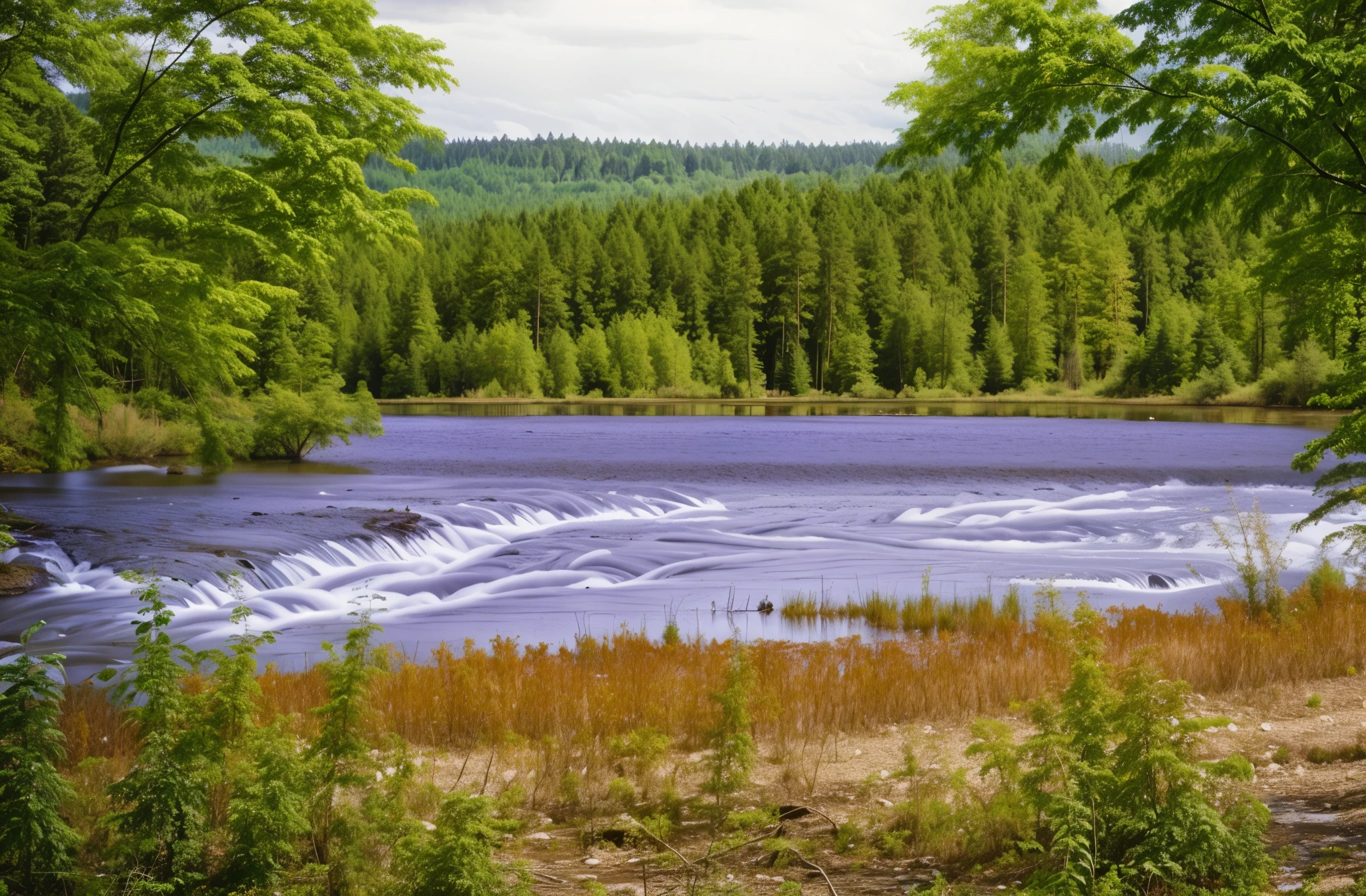 taiga forest, Running River, Trees in the foreground, specular lighting, dslr, ultra quality. sharp focus, tack sharp, dof, film grain, Fujifilm XT3, crystal clear, 