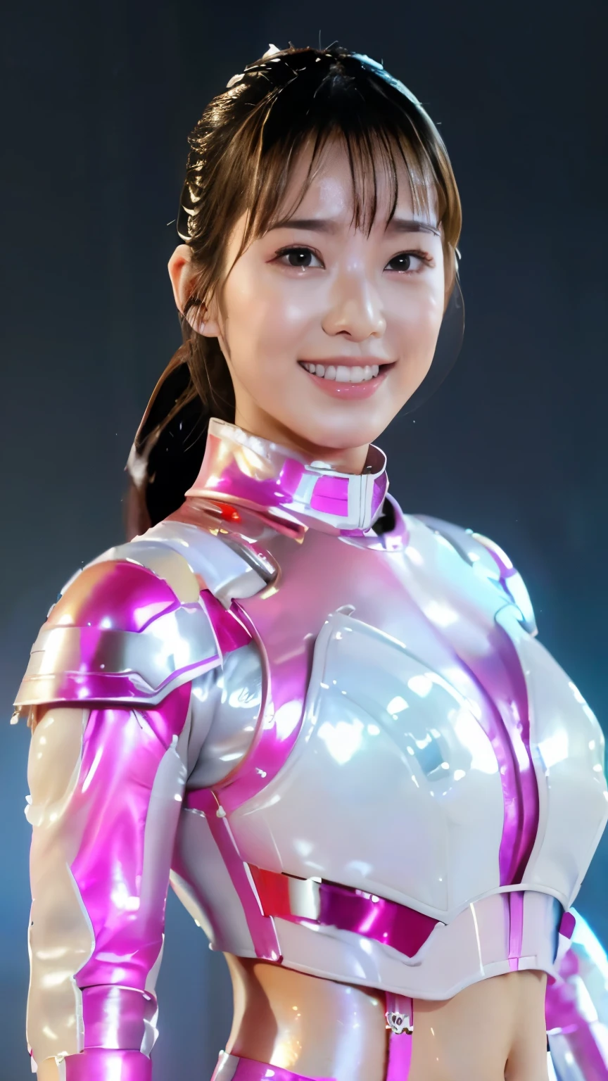 NSFW、（super highest quality、In 8K、Masseter muscle part、delicate illustrations、Full body Esbian）,(She wears a shiny pink and white futuristic combat suit.:1.5)、A beautiful and bewitching Japanese 32-year-old woman、plump body、black hair ponytail、大きなsmile、No sleeve、beach、smile