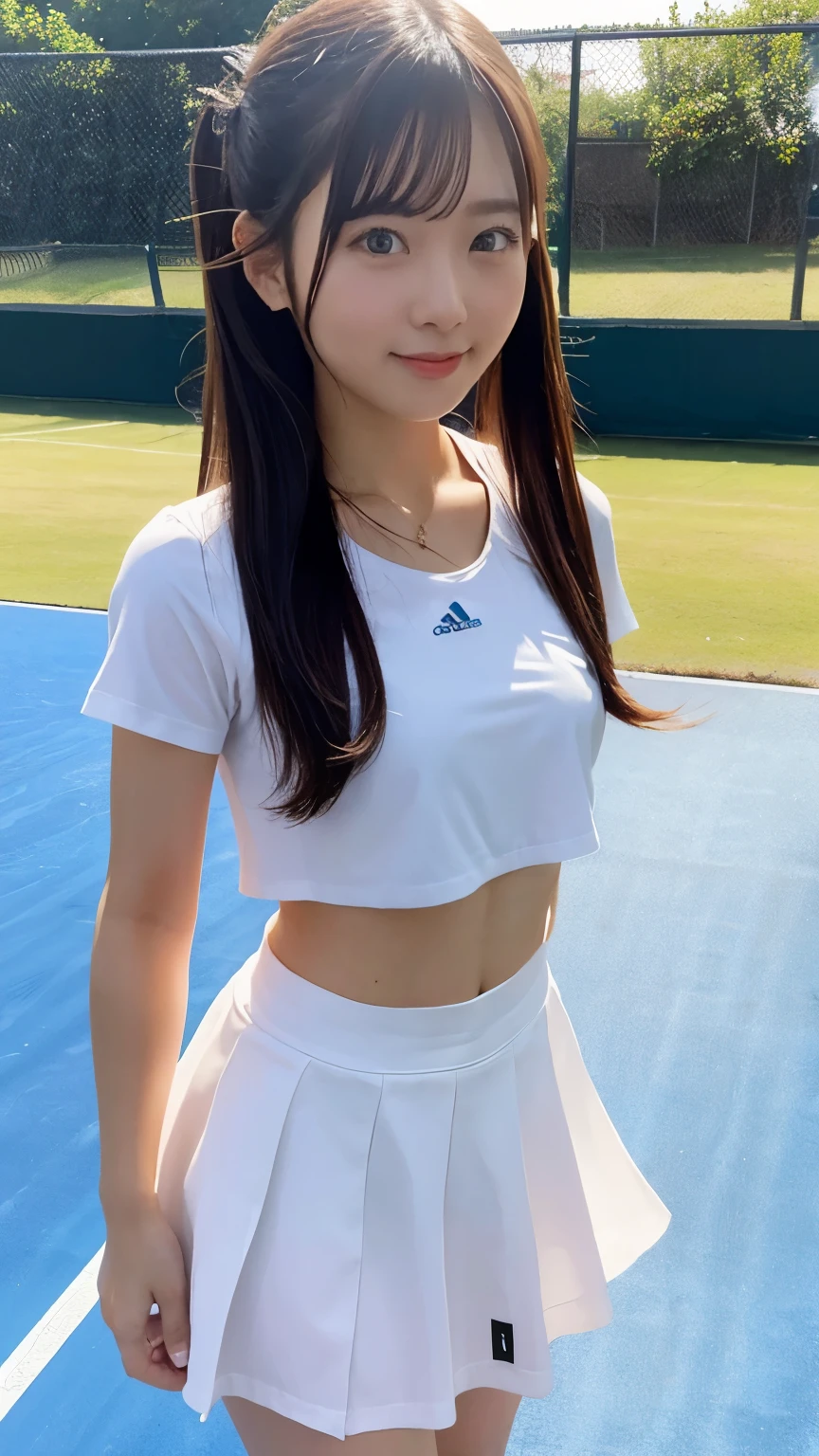 (masterpiece, best quality),nsfw, 1girl, standing, cute, 
BREAK
Girls wearing tennis wear on tennis court, Super mini skirt, 