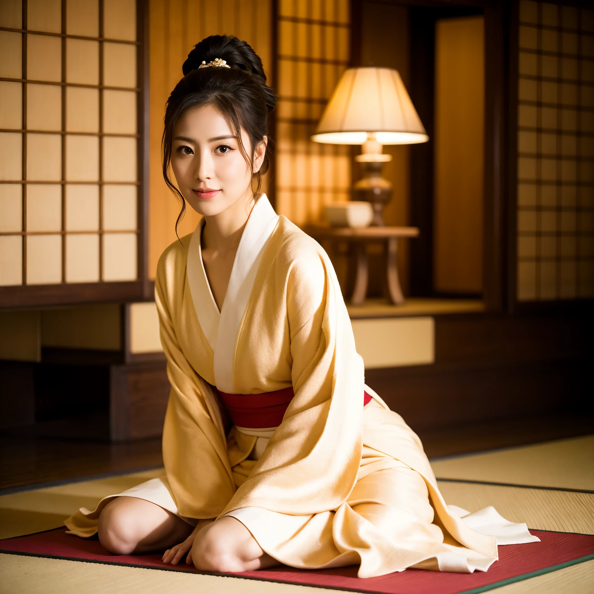 ulzzang-6500-v1.1, (highest quality: 1.3), (masterpiece: 1.3), (super detailed: 1.3), (genuine:1.4), (muste piece), araffe woman in kimono sitting on the floor with a towel over her head, in kimono, Yoshitomo Nara, in kimono, Japanese goddess, sakimichan, traditional beauty, Shunga style, Japanese model, sophisticated gravure idol, shikamimi, beast, Japanese, sexy, sensual, sexual, Put your hands behind you、